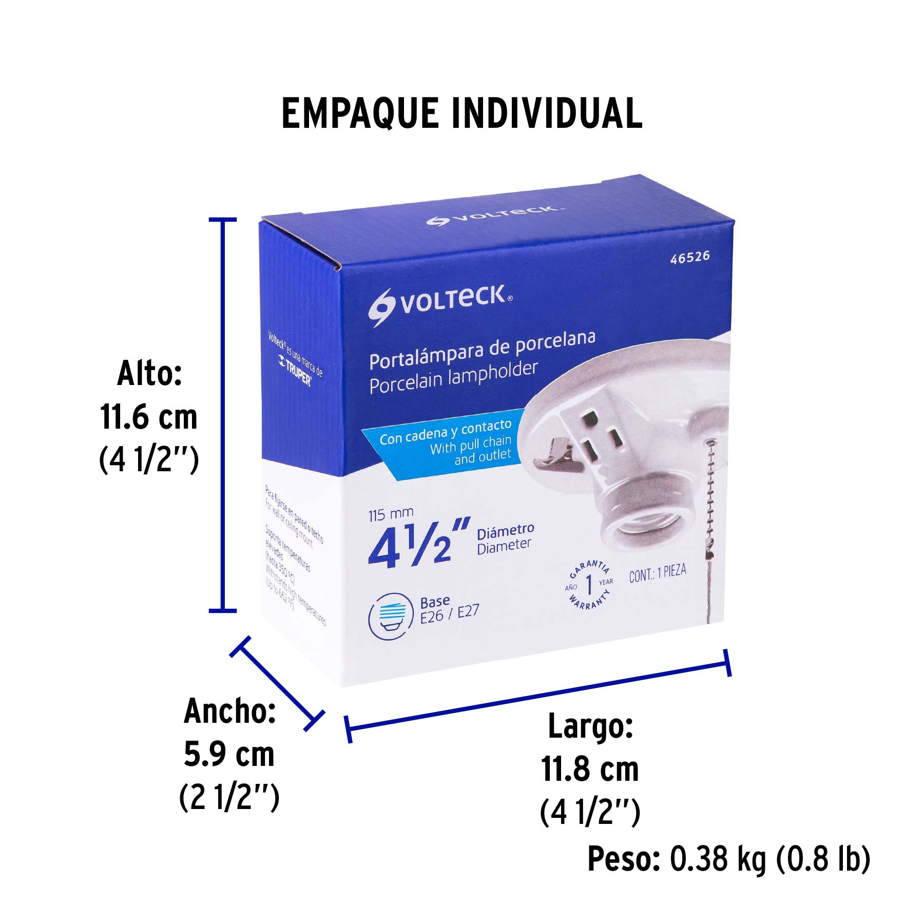 Portalámpara de porcelana, con ladrón y cadena, VOLTECK - Empaque