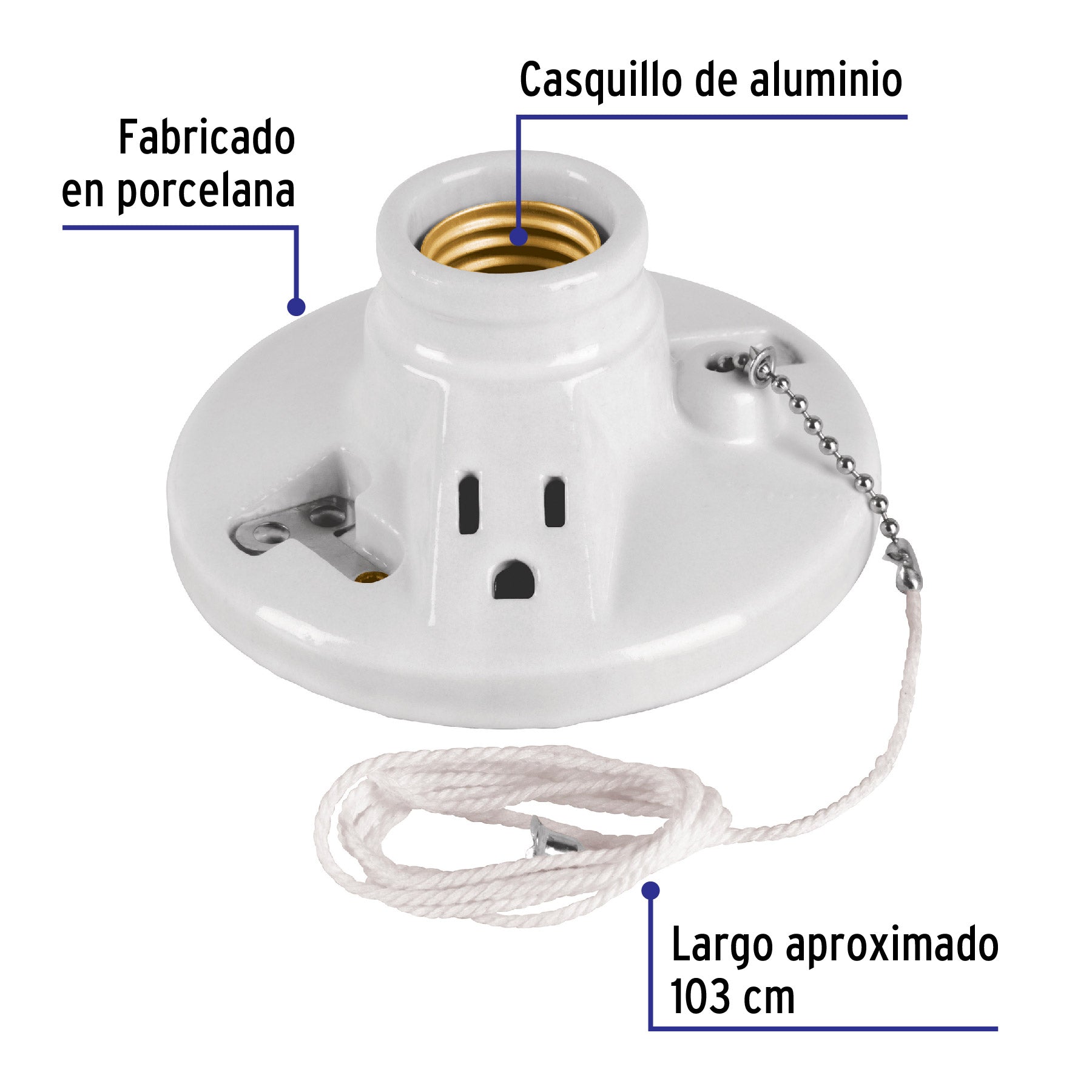 Portalámpara de porcelana, con ladrón y cadena, VOLTECK