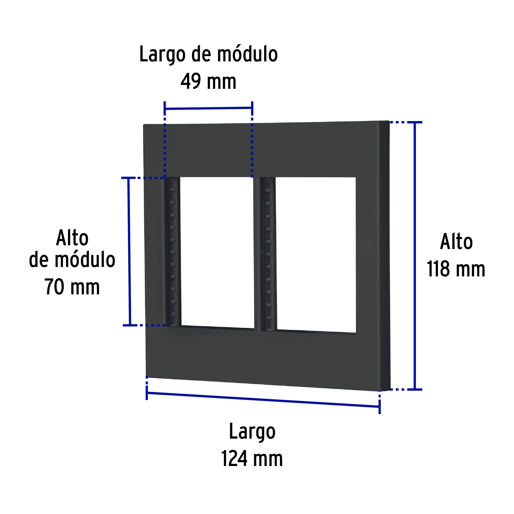Placa 2 ventanas, 6 módulos, línea Española, color negro