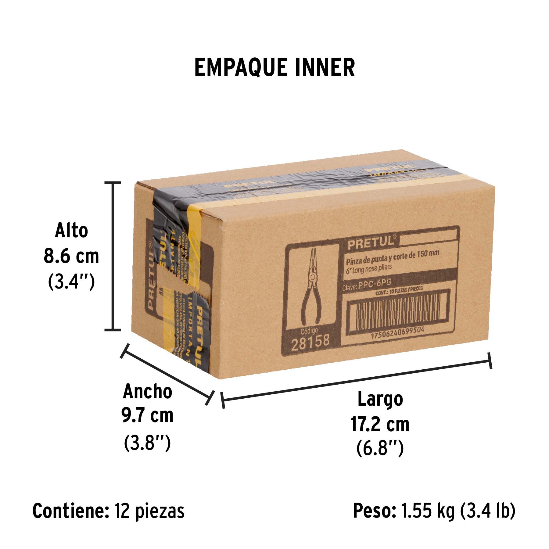 Pinza de punta y corte 6" mango de vinil, a granel, PRETUL - Empaque