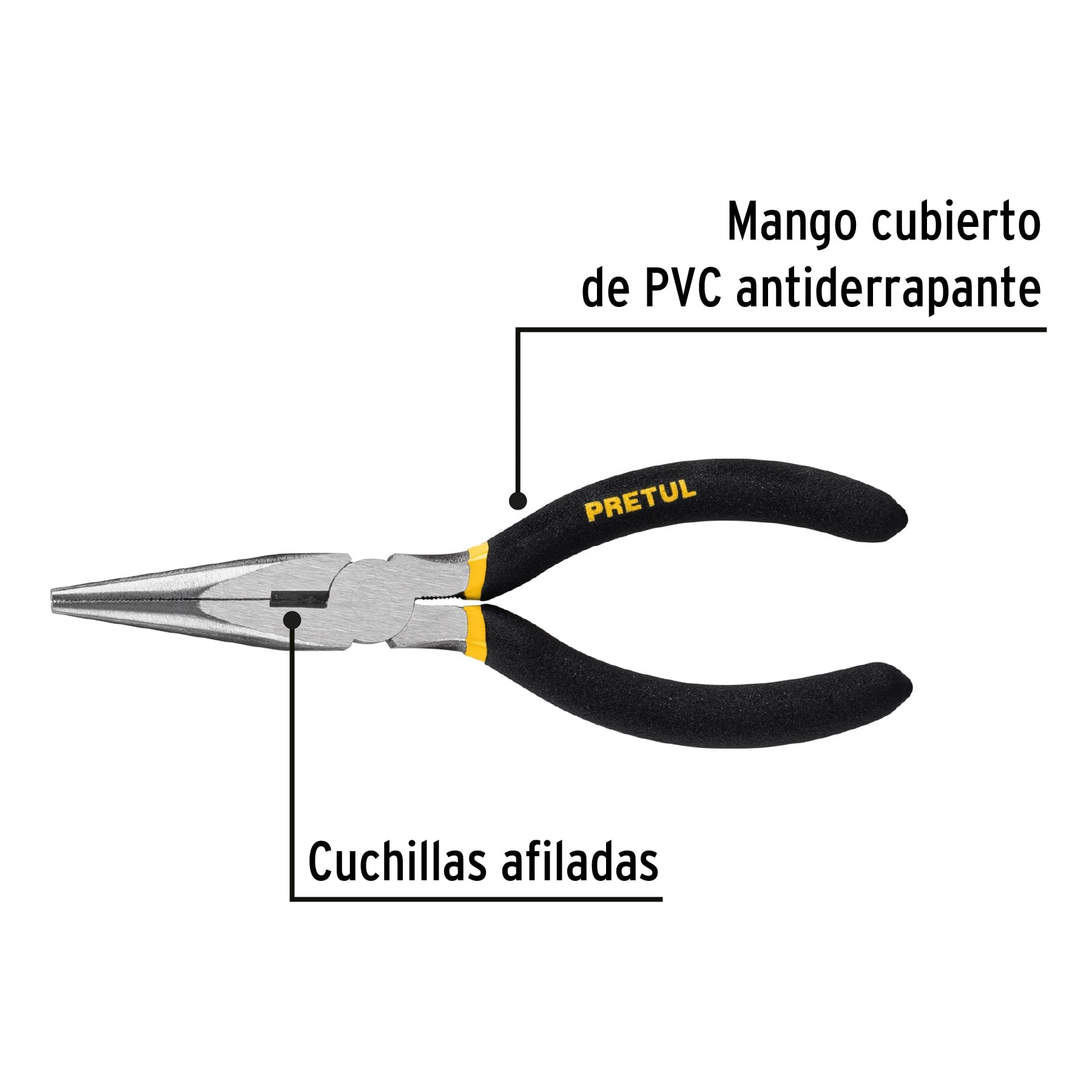 Pinza de punta y corte 6" mango de vinil, a granel, PRETUL