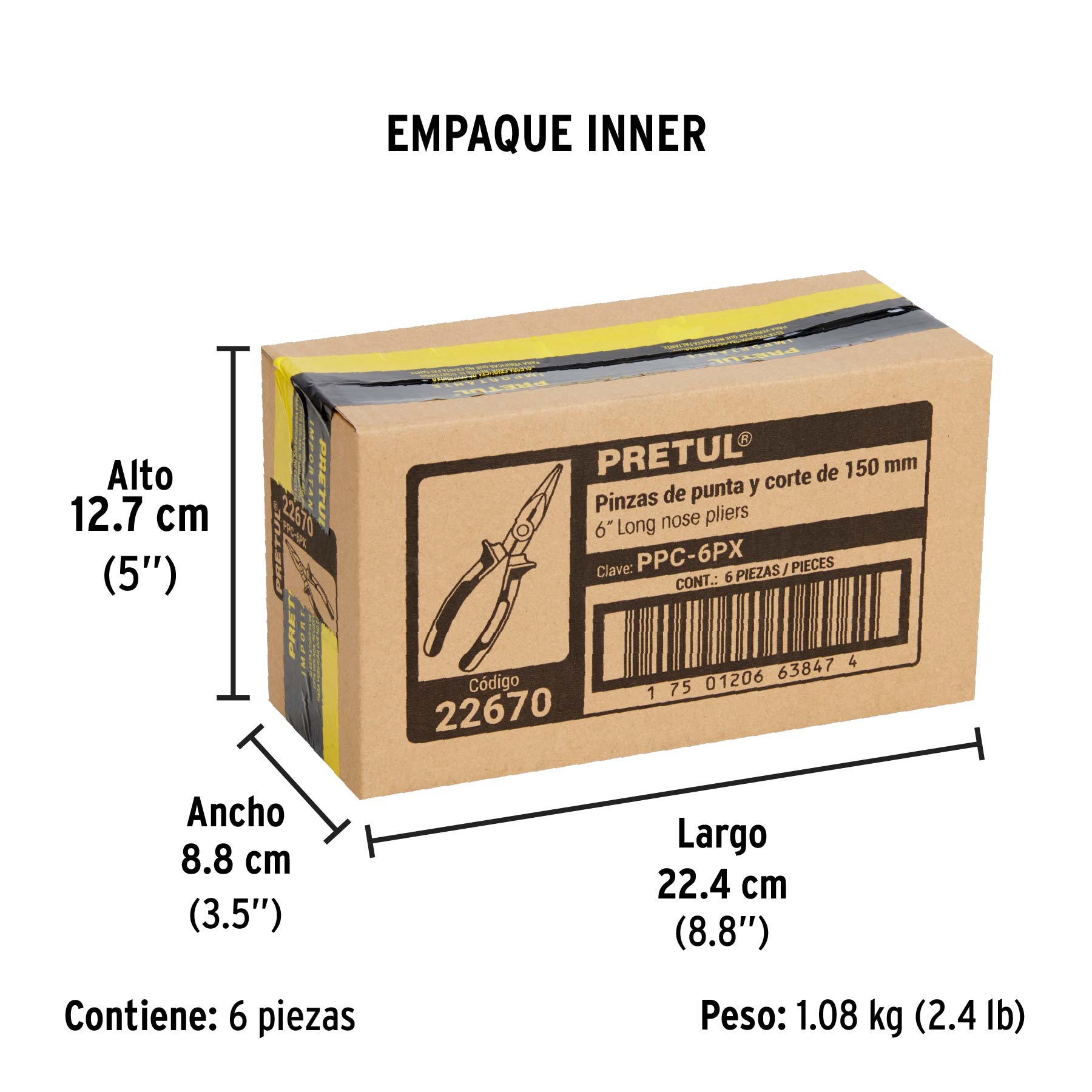 Pinza de punta y corte 6" mango Comfort Grip, PRETUL - Empaque