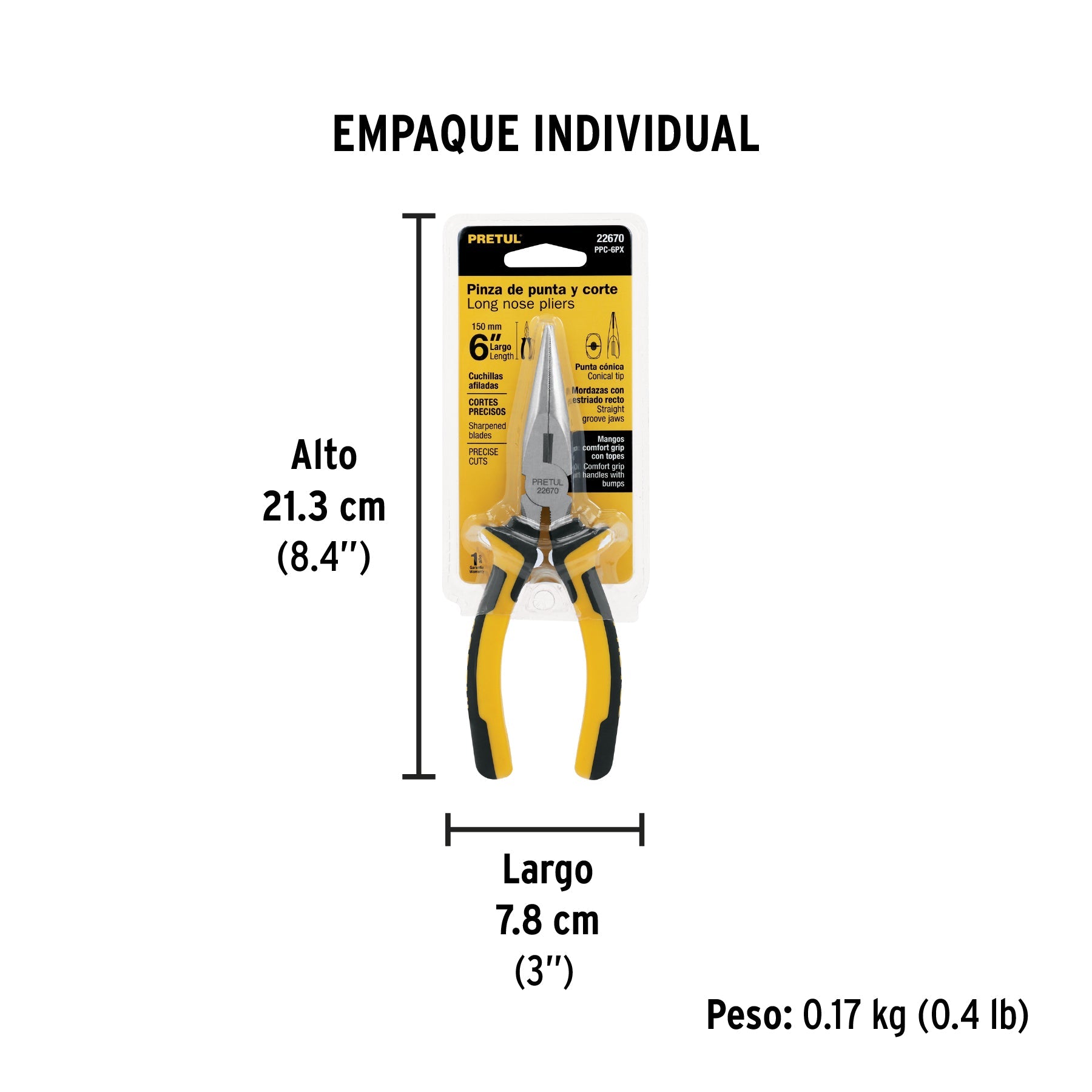 Pinza de punta y corte 6" mango Comfort Grip, PRETUL - Empaque
