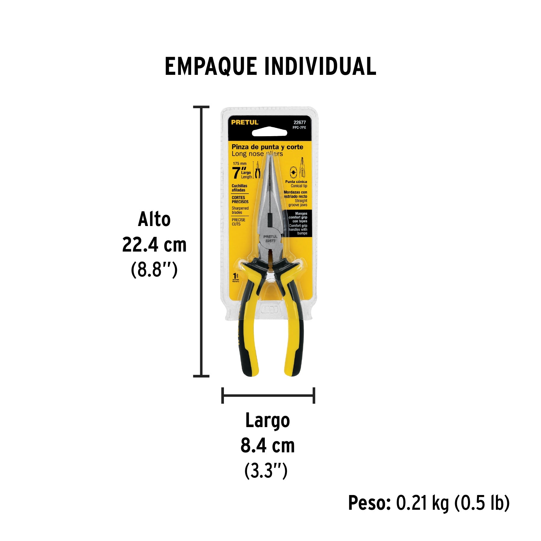 Pinza de punta y corte 7" mango Comfort Grip, PRETUL - Empaque