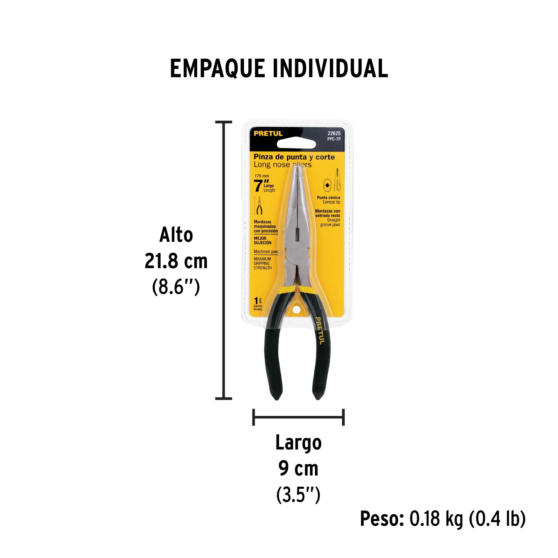 Pinza de punta y corte 7" mango de PVC, PRETUL - Empaque