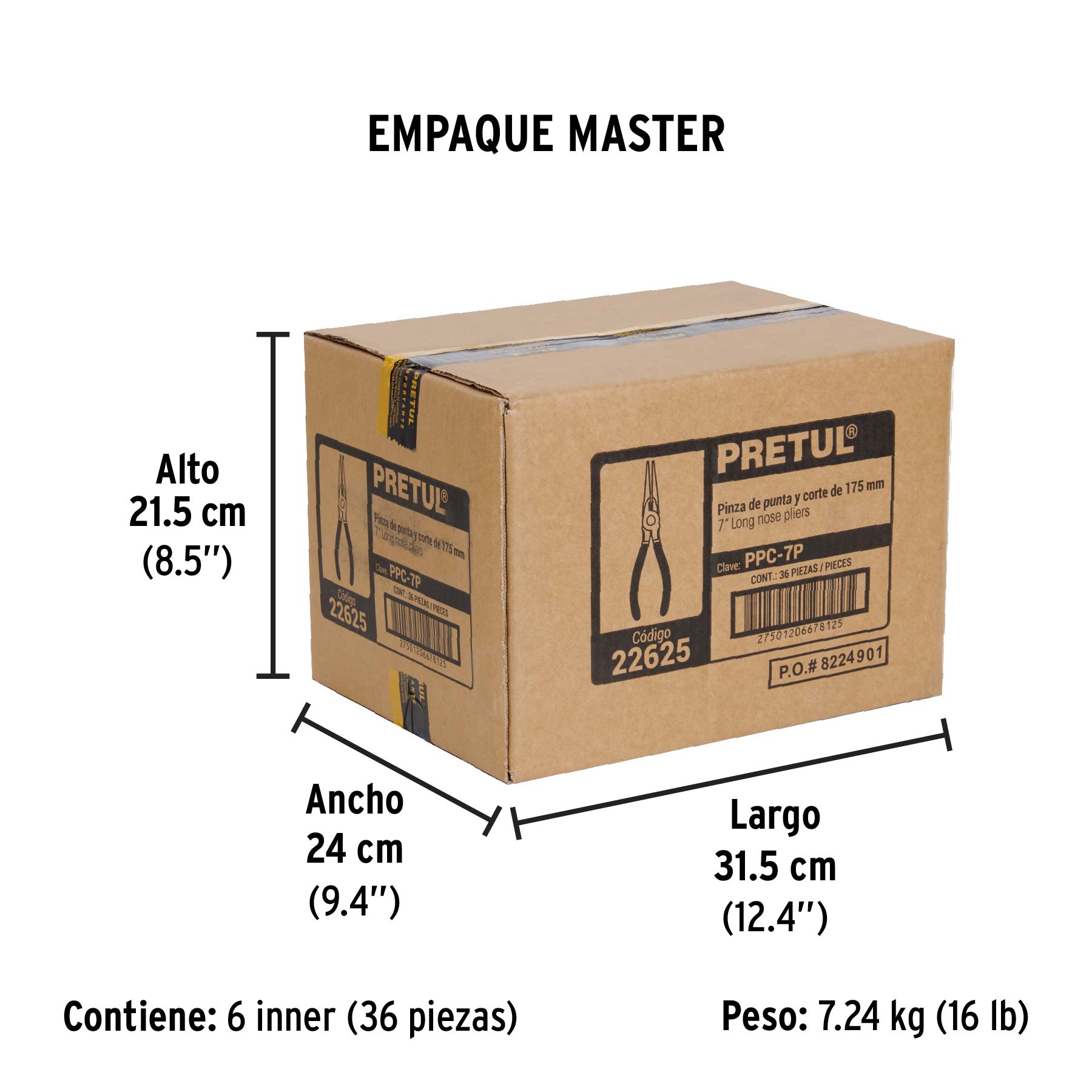 Pinza de punta y corte 7" mango de PVC, PRETUL - Empaque