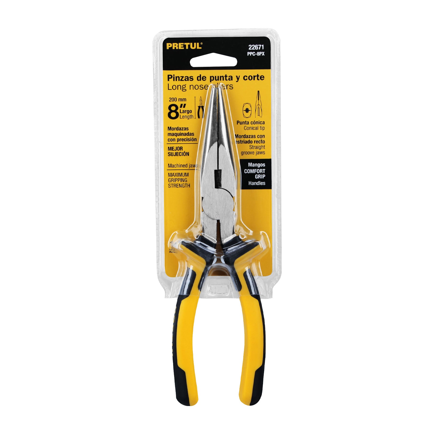 Pinza de punta y corte 8" mango Comfort Grip, PRETUL