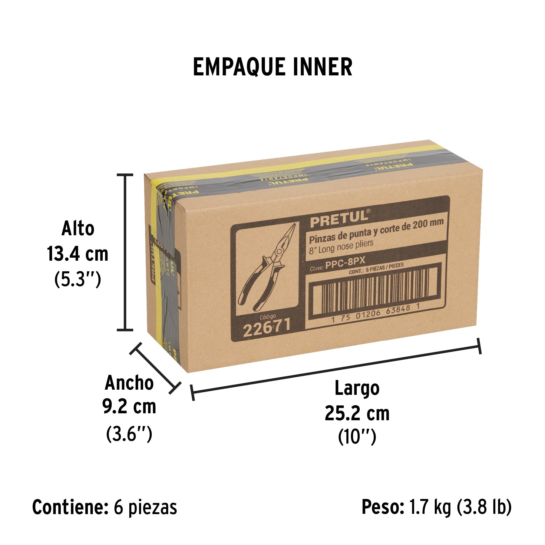 Pinza de punta y corte 8" mango Comfort Grip, PRETUL - Empaque