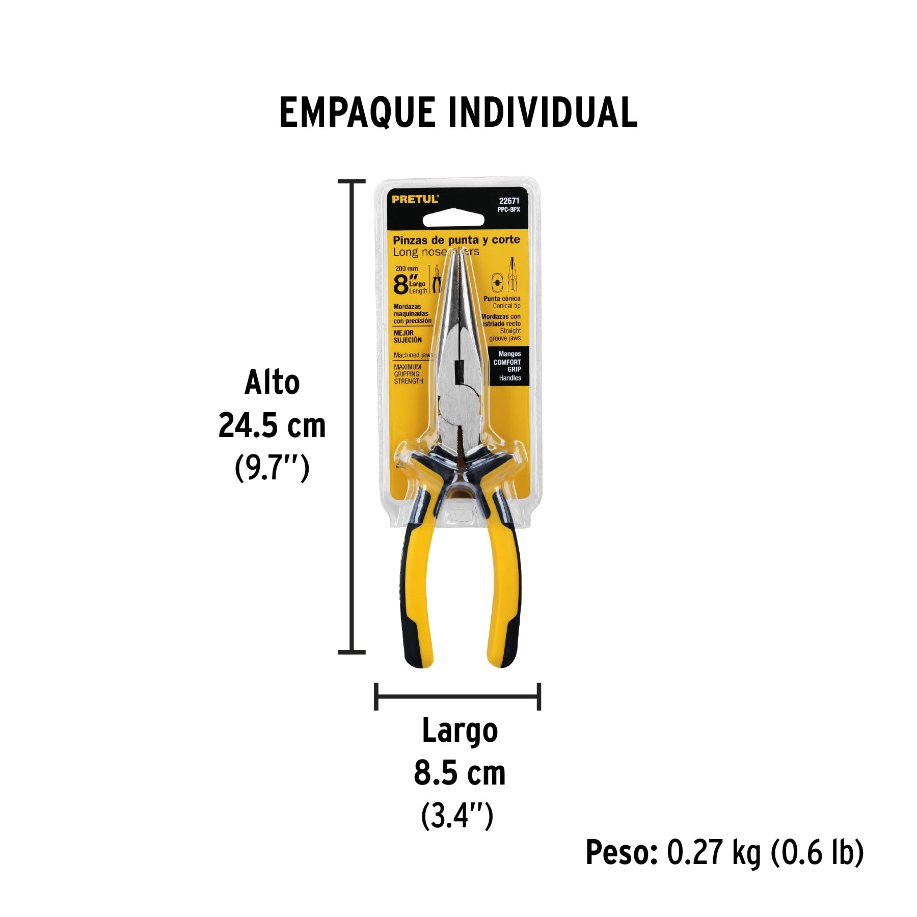 Pinza de punta y corte 8" mango Comfort Grip, PRETUL - Empaque