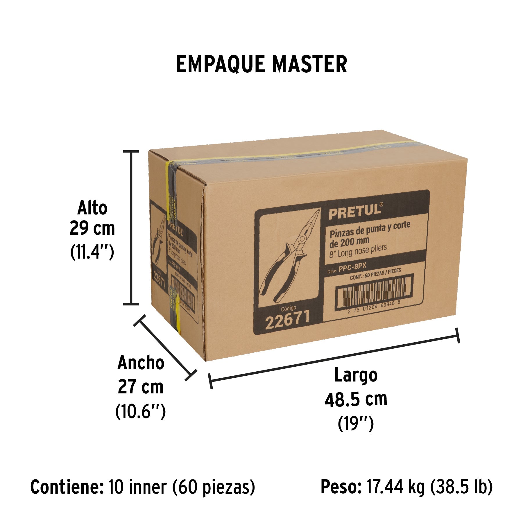 Pinza de punta y corte 8" mango Comfort Grip, PRETUL - Empaque