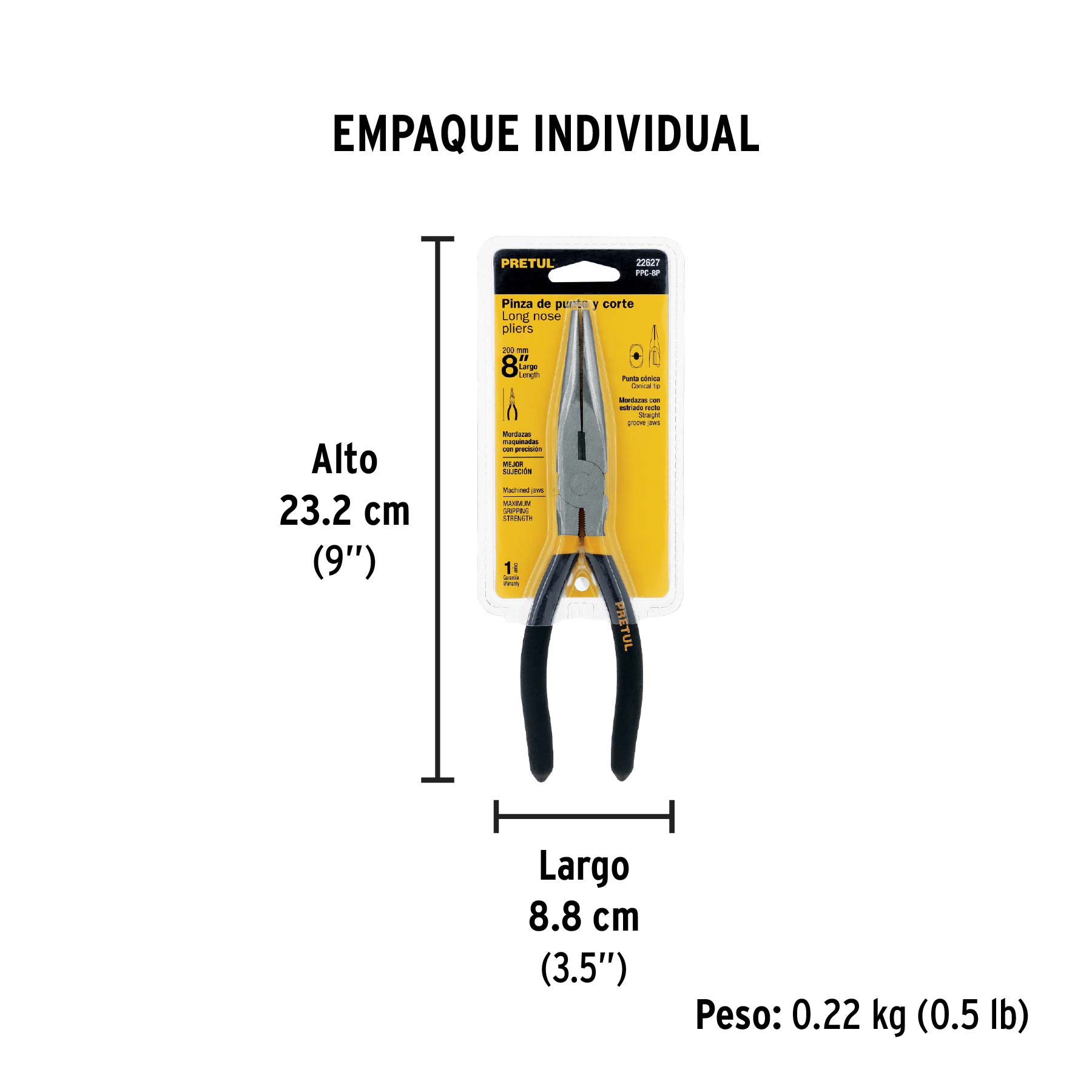 Pinza de punta y corte 8" mango de PVC, PRETUL - Empaque