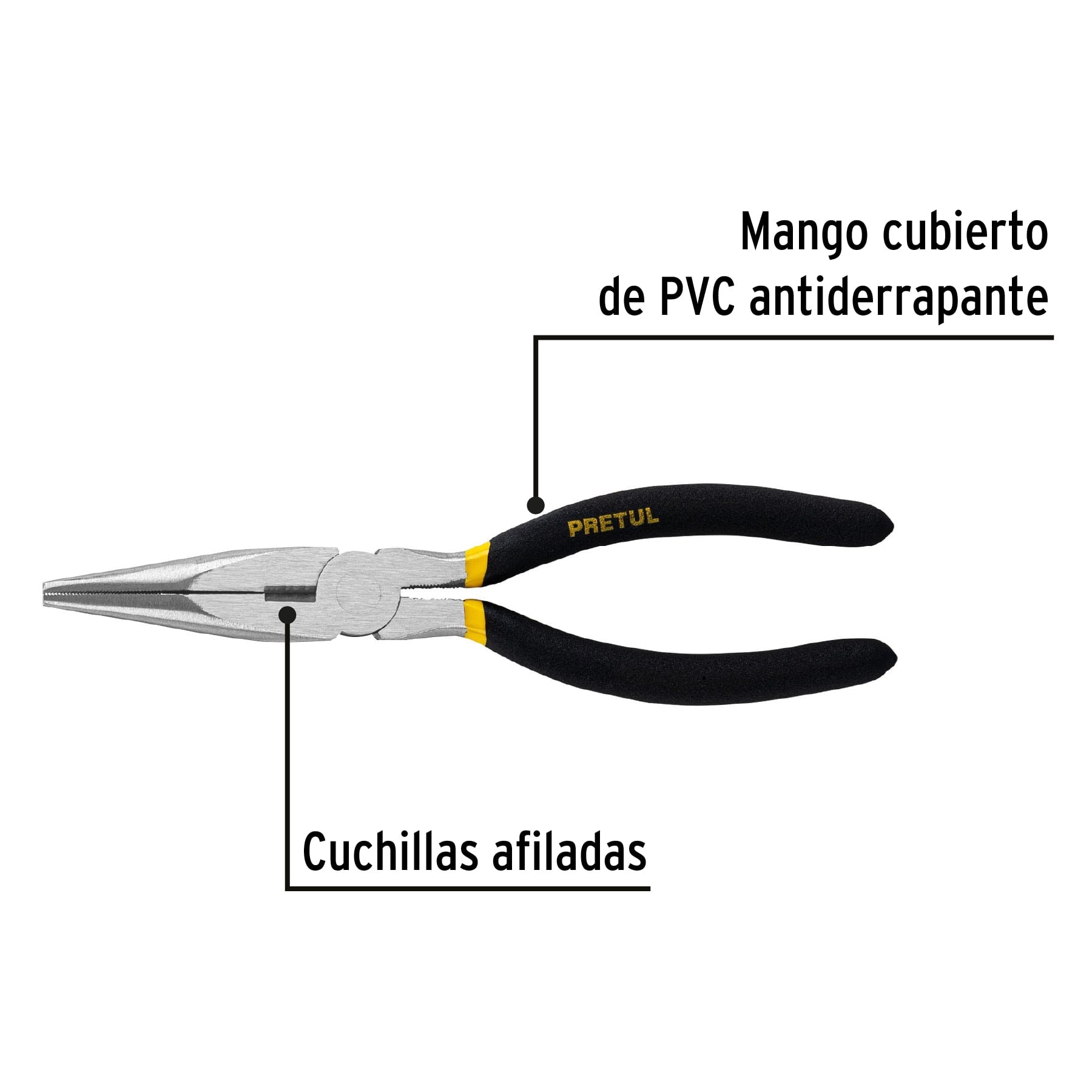 Pinza de punta y corte 8" mango de PVC, PRETUL