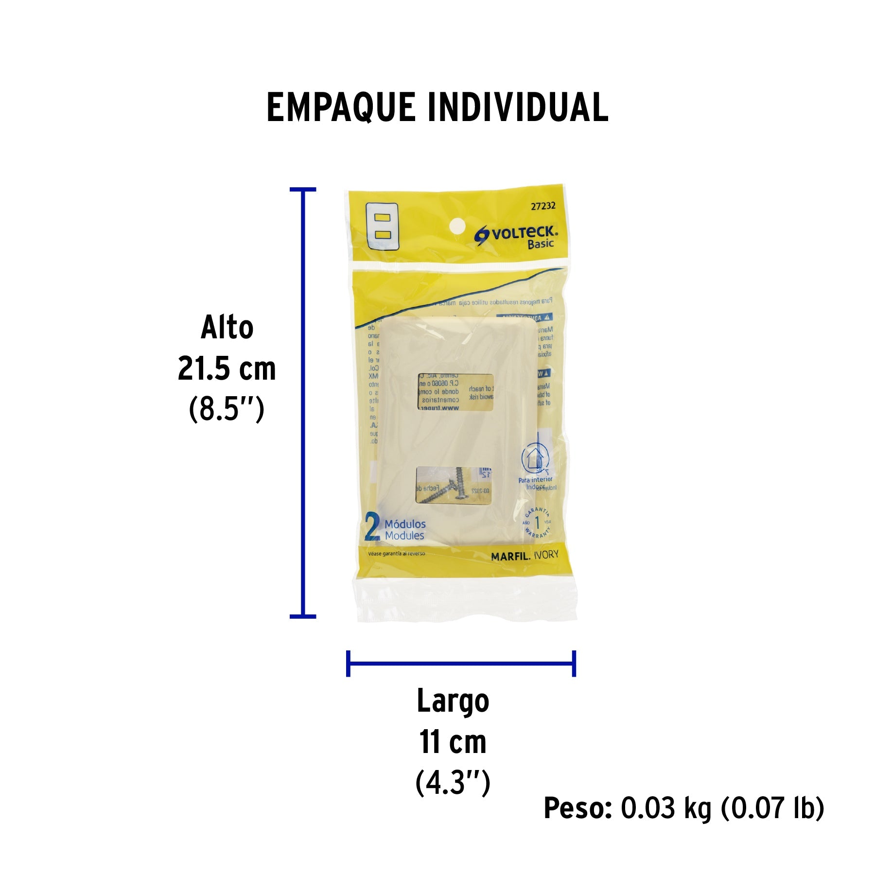 Placa 2 módulos, marfil, línea VOLTECK BASIC - Empaque