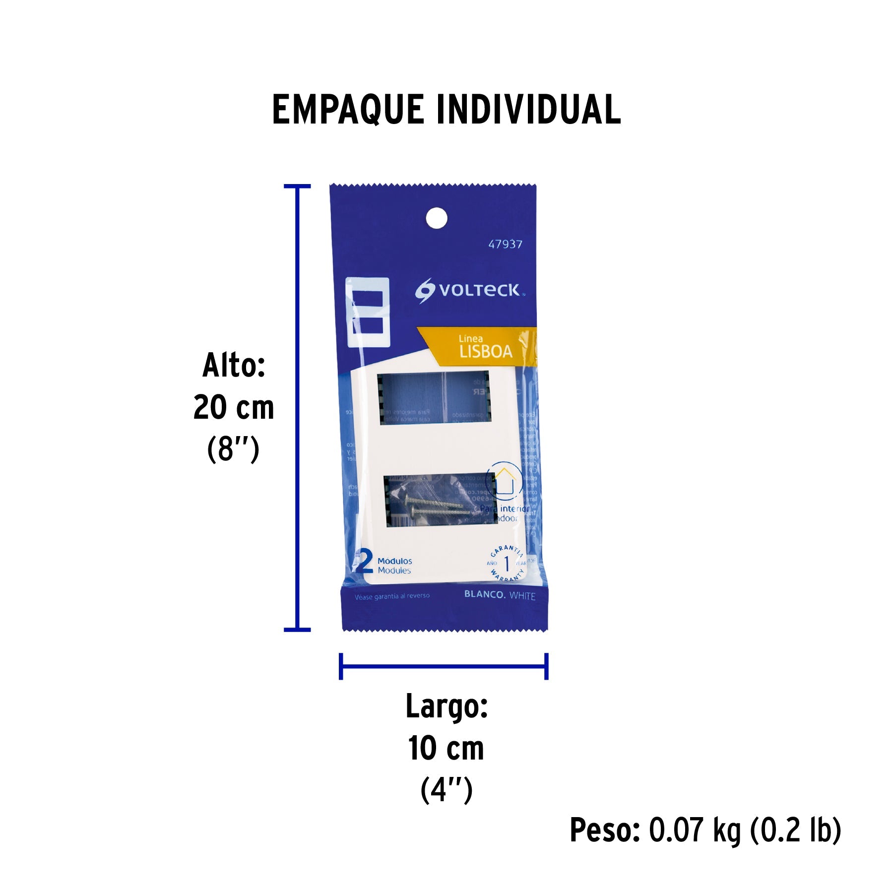 Placa blanca de 2 ventanas 1 módulo, línea Lisboa, VOLTECK - Empaque