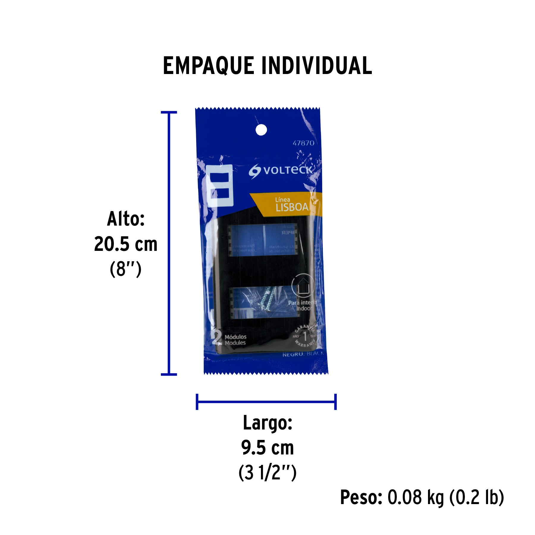 Placa negra de 2 ventanas 1 módulo, línea Lisboa, VOLTECK - Empaque