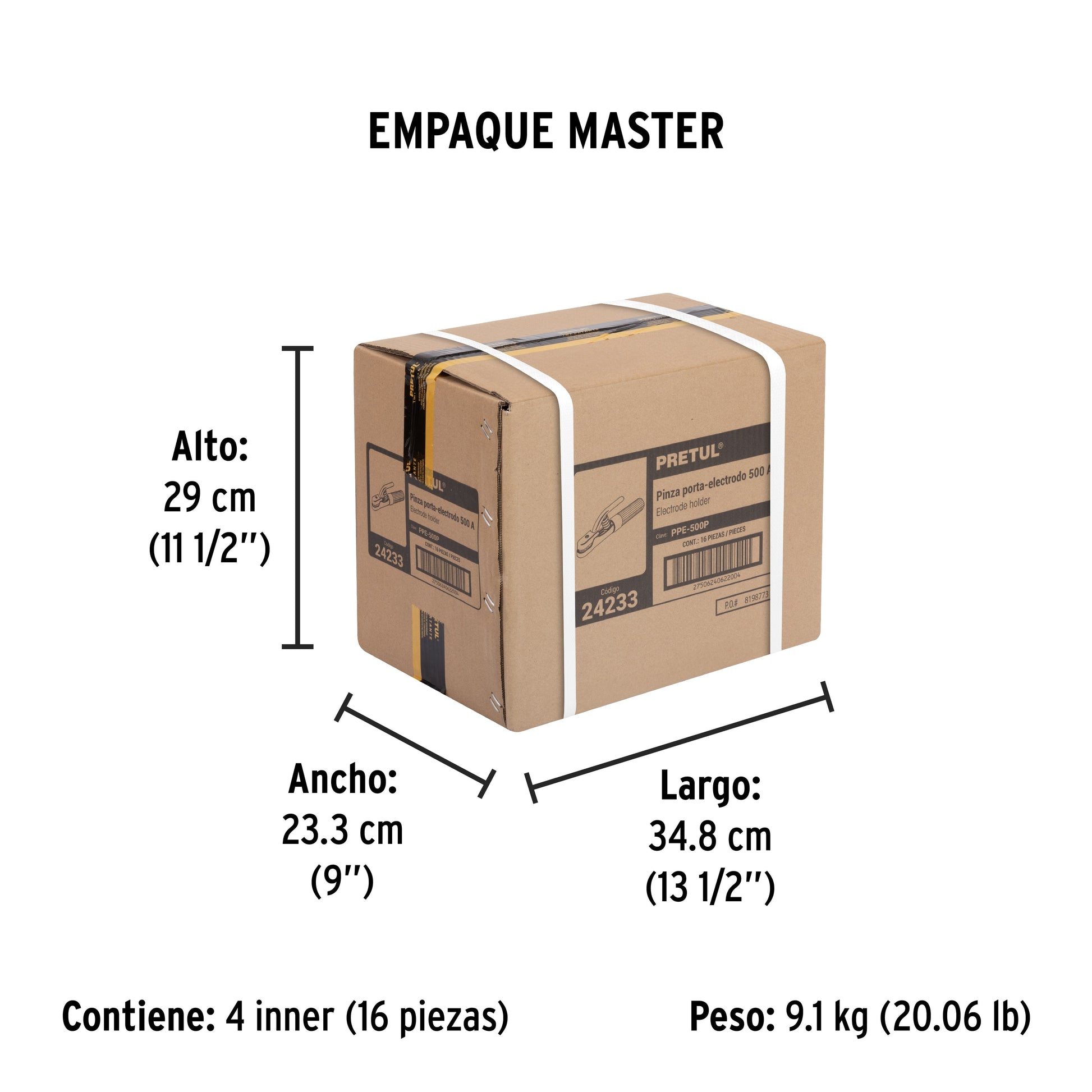 Pinza porta electrodos de 500 Amperes, PRETUL - Empaque