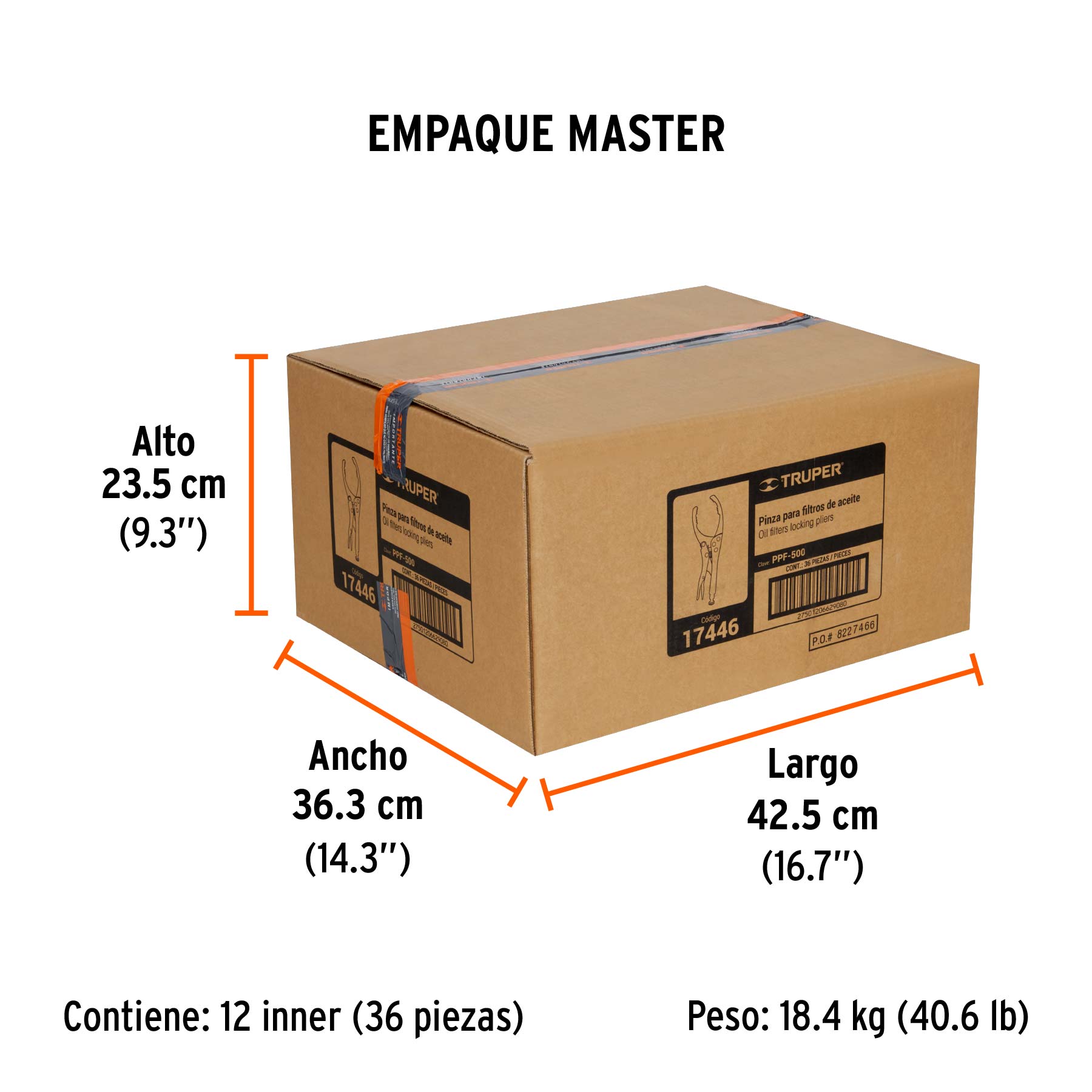 Pinza de presión 9" para filtros de aceite, TRUPER - Empaque