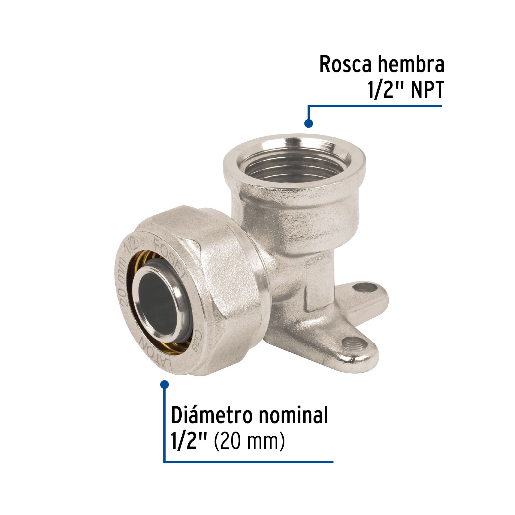 Codo oreja 90° para PEALPE, 1/2", con rosca hembra, FOSET