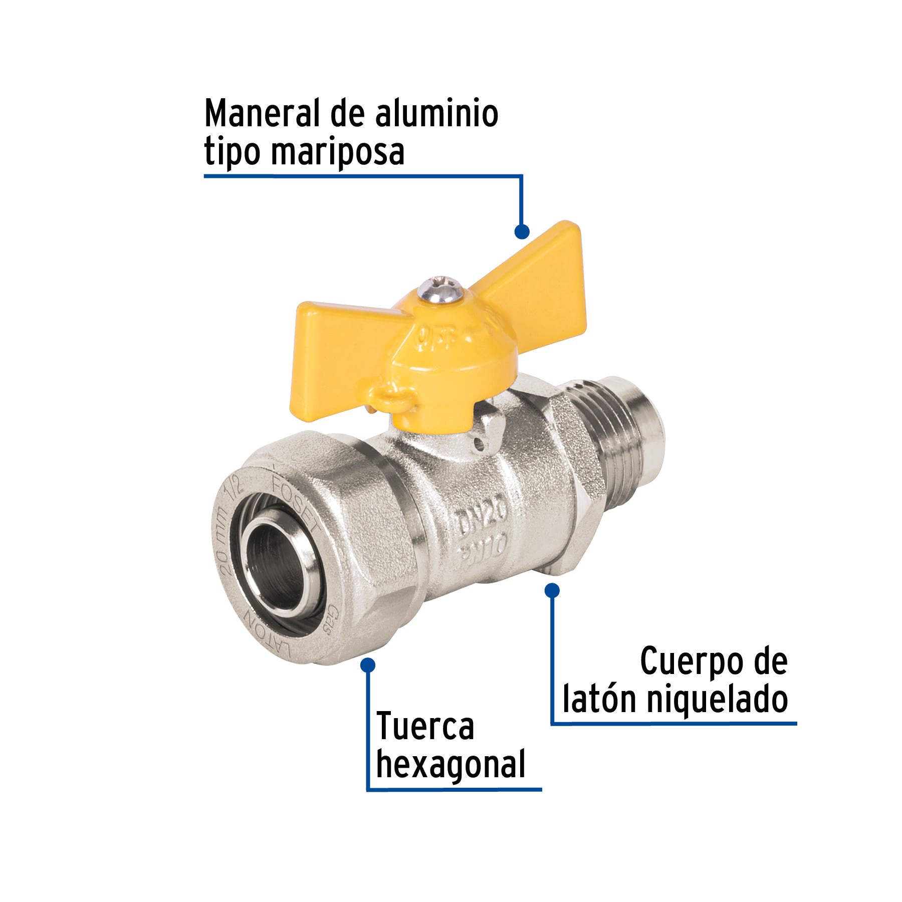 Válvula esfera para PE-AL-PE, 1/2"a flare 3/8", FOSET