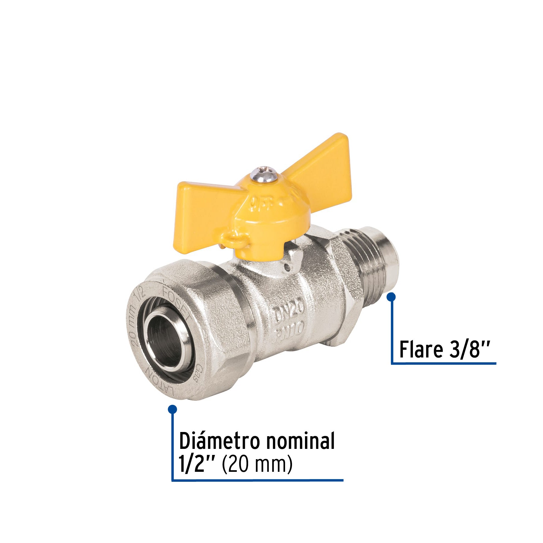 Válvula esfera para PE-AL-PE, 1/2"a flare 3/8", FOSET