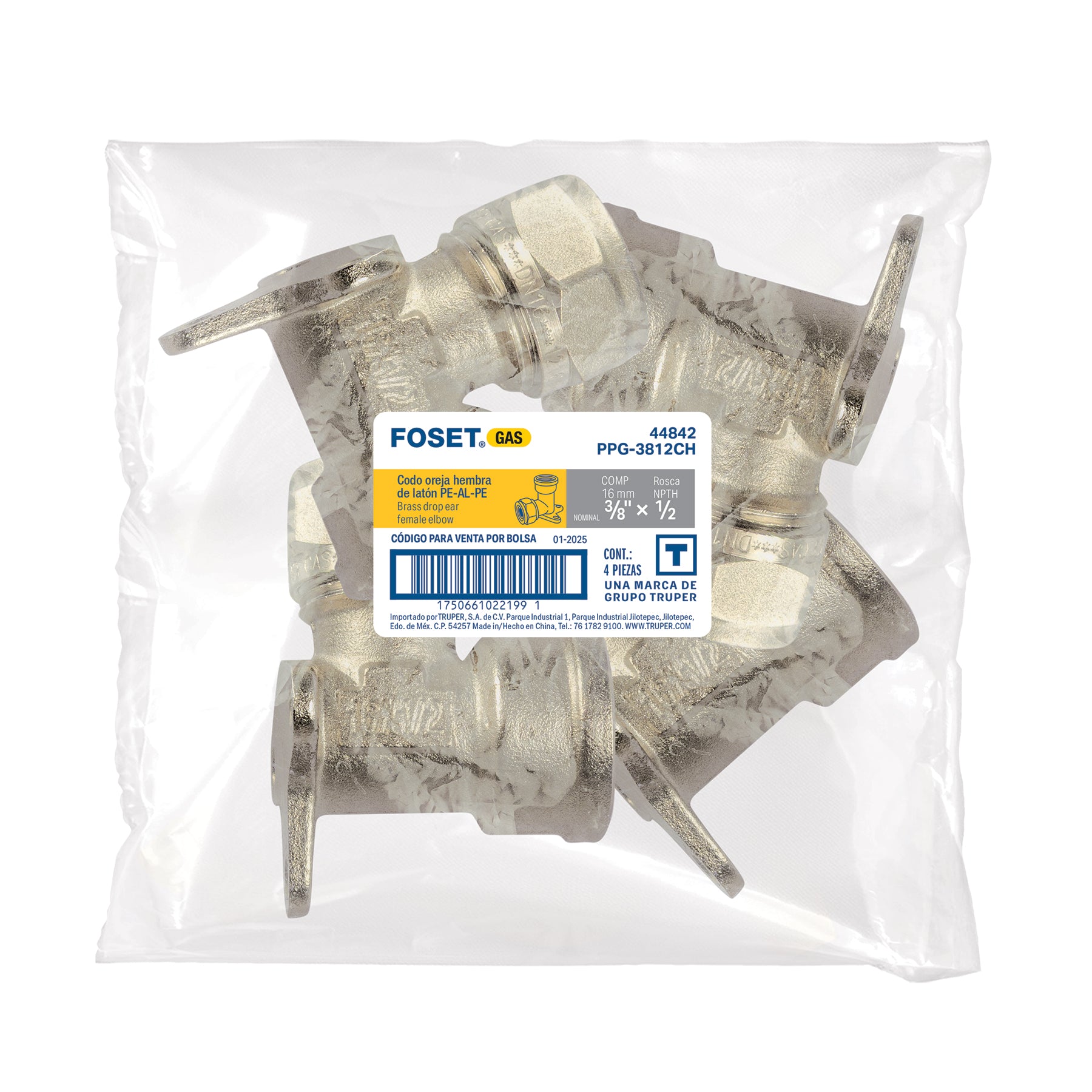 Codo oreja 90° para PEALPE, 3/8x1/2",con rosca hembra, FOSET
