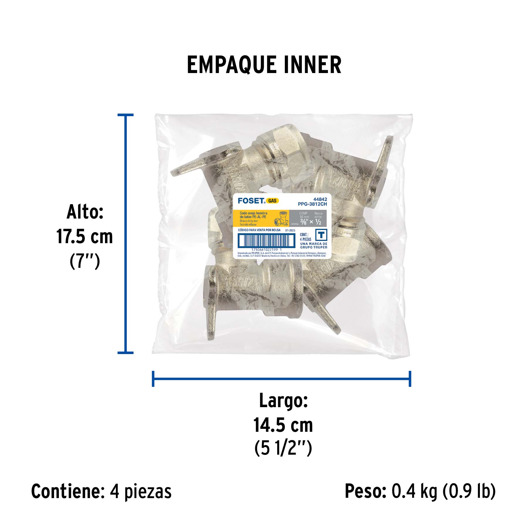 Codo oreja 90° para PEALPE, 3/8x1/2",con rosca hembra, FOSET - Empaque