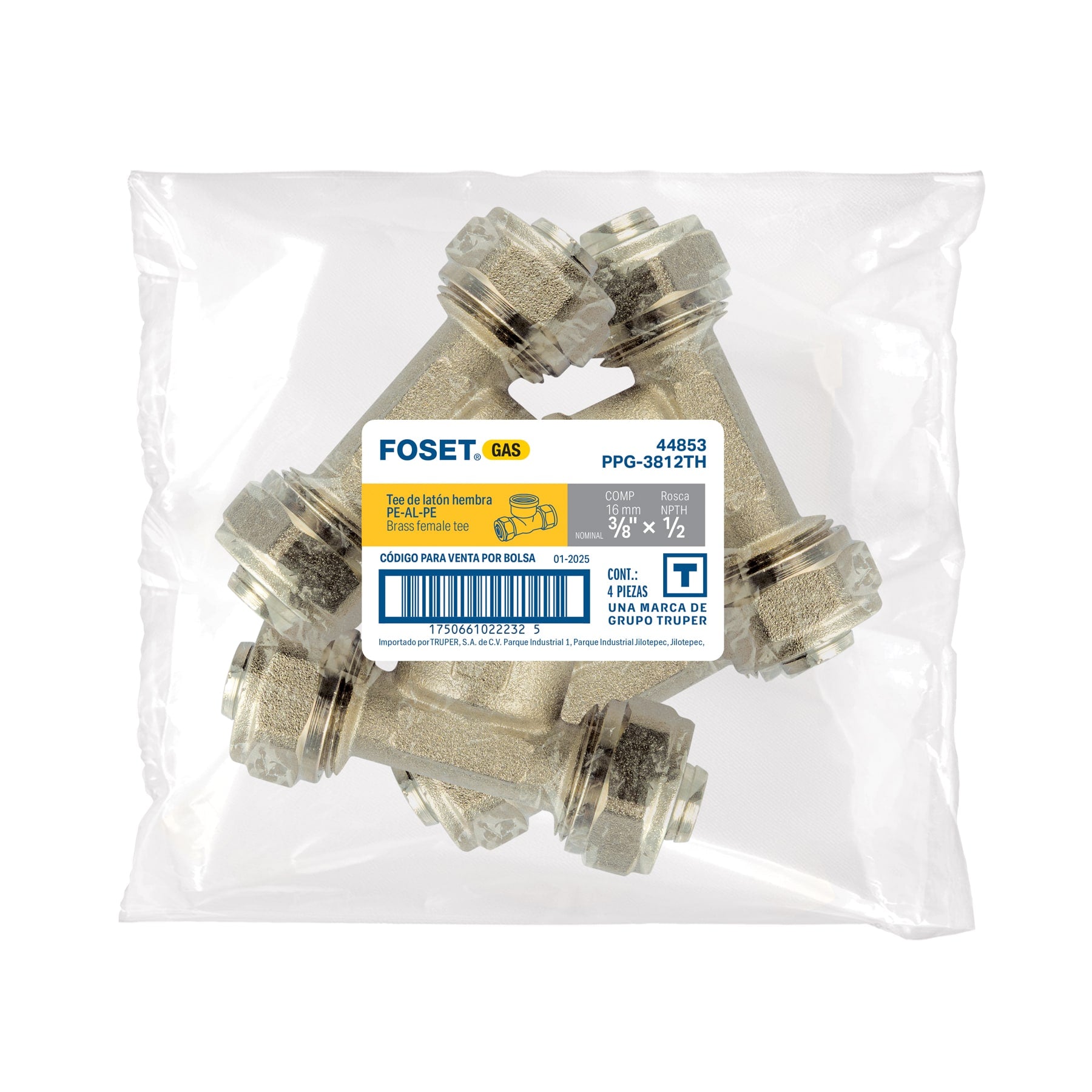 Tee para PEALPE,3/8x1/2x3/8",con rosca hembra central, FOSET