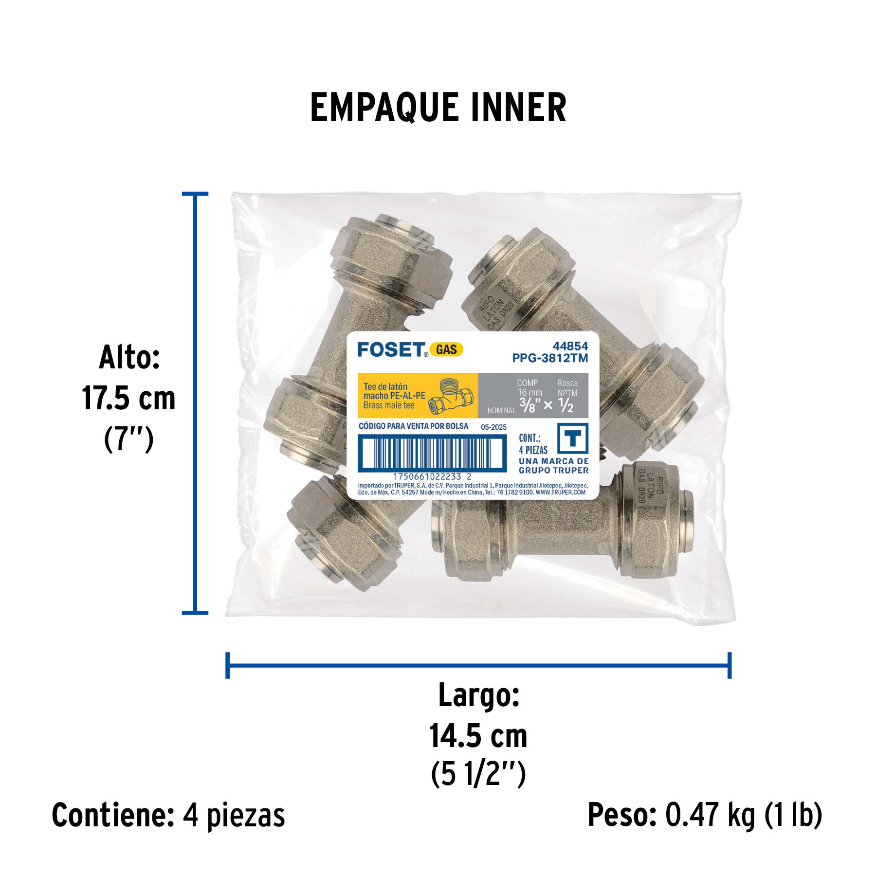 Tee macho para PEALPE, 3/8x1/2x3/8", FOSET - Empaque