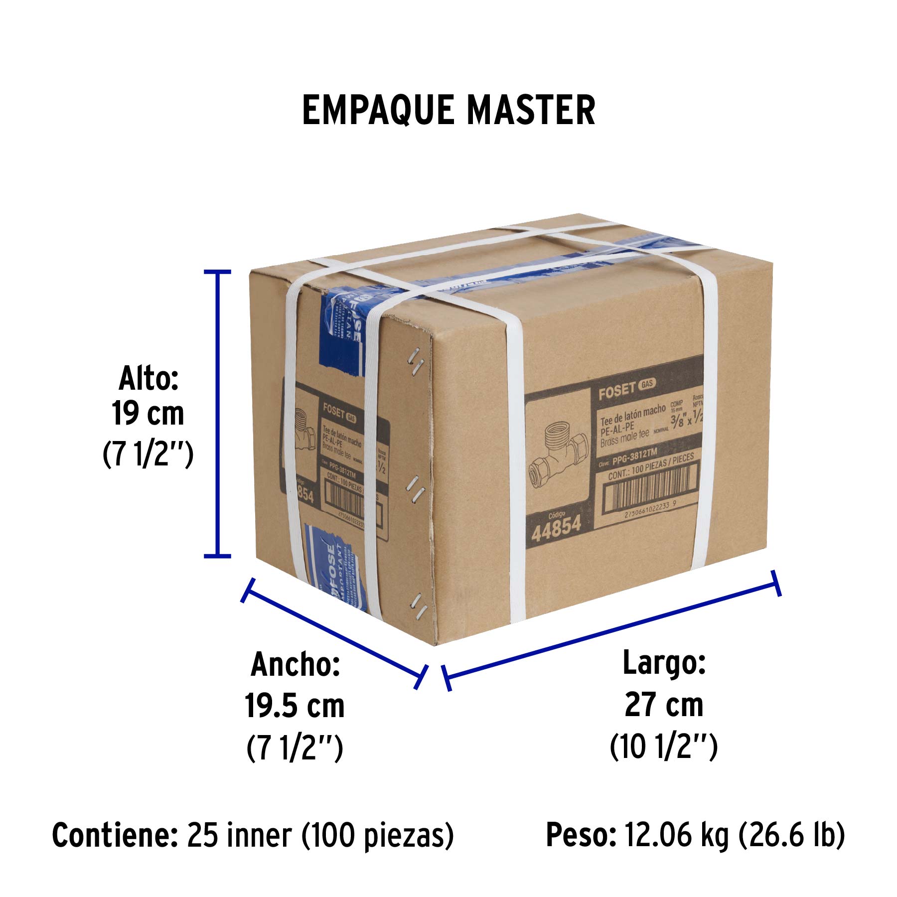 Tee macho para PEALPE, 3/8x1/2x3/8", FOSET - Empaque