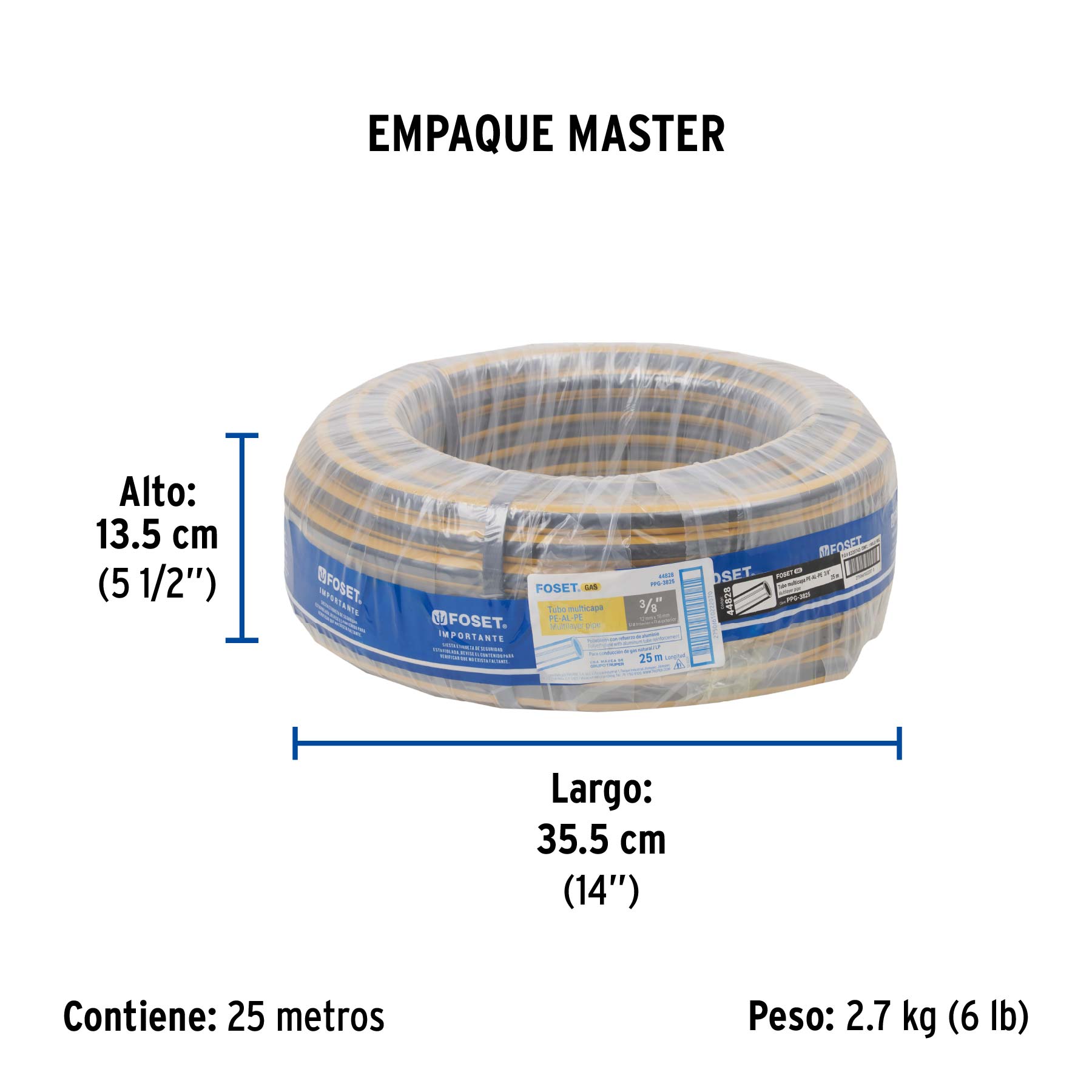 Metro de manguera para gas, 3/8" PE-AL-PE en rollo de 25m - Empaque