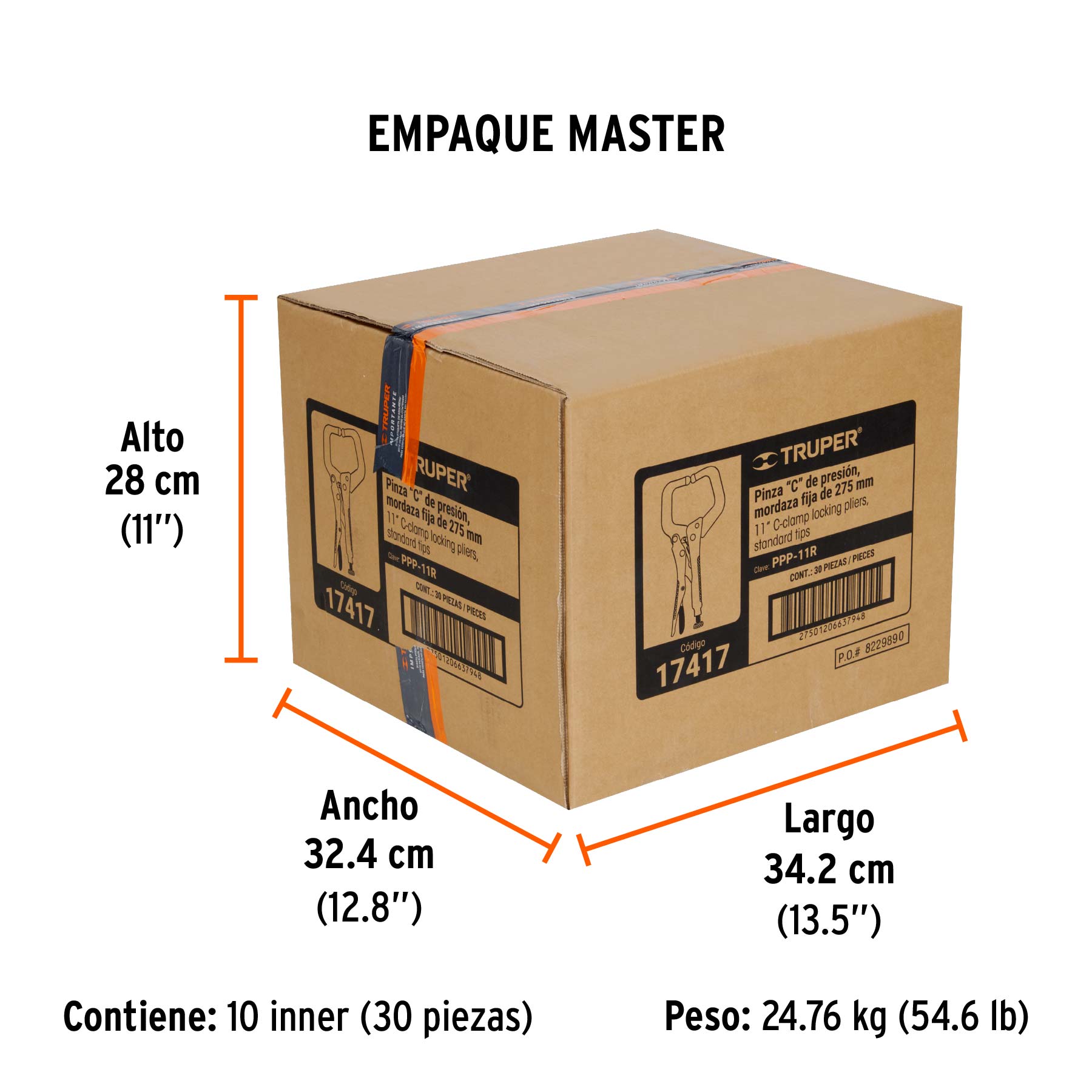 Pinza de presión 11" tipo "C" con mordaza fija, TRUPER - Empaque