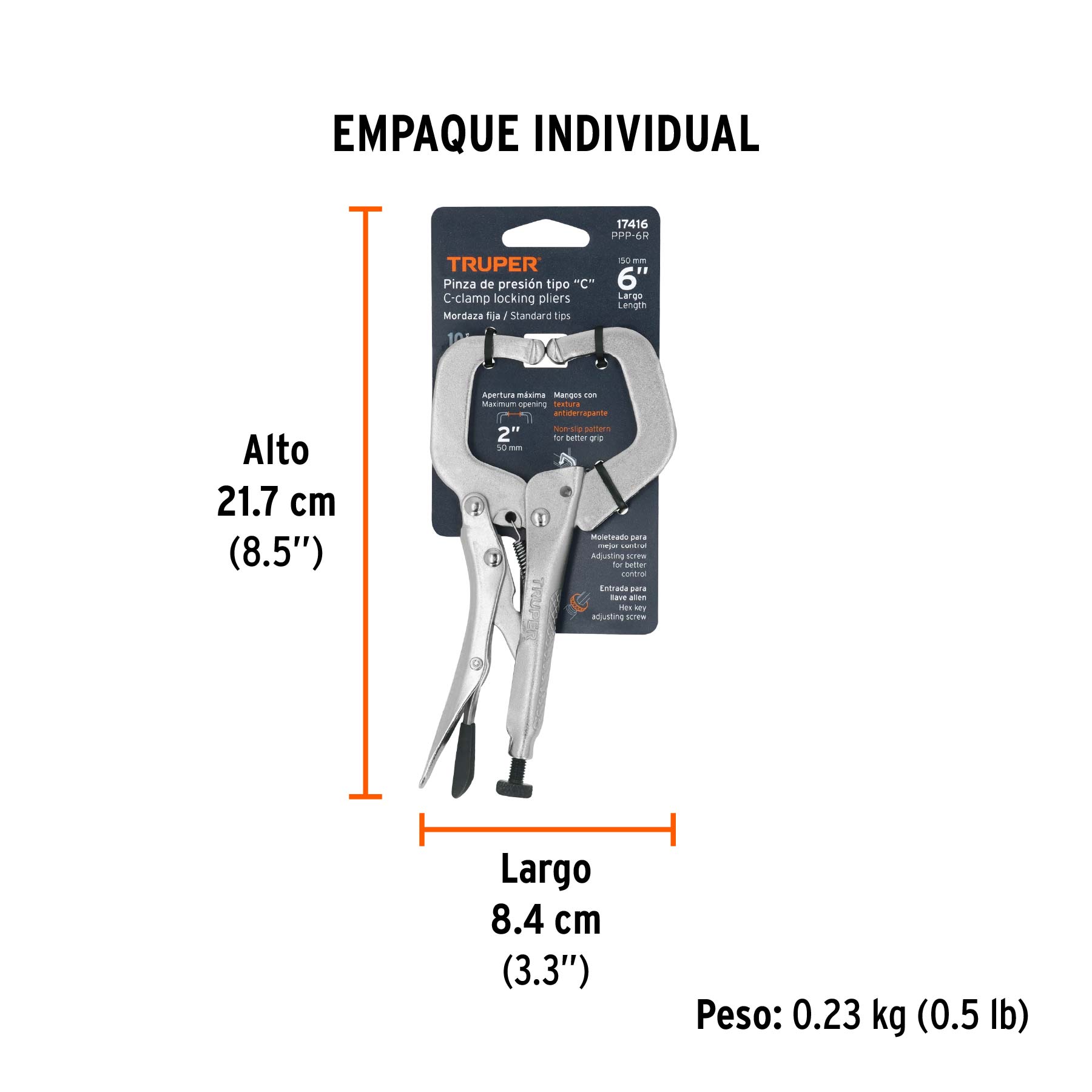 Pinza de presión 6" tipo "C" con mordaza fija, TRUPER - Empaque