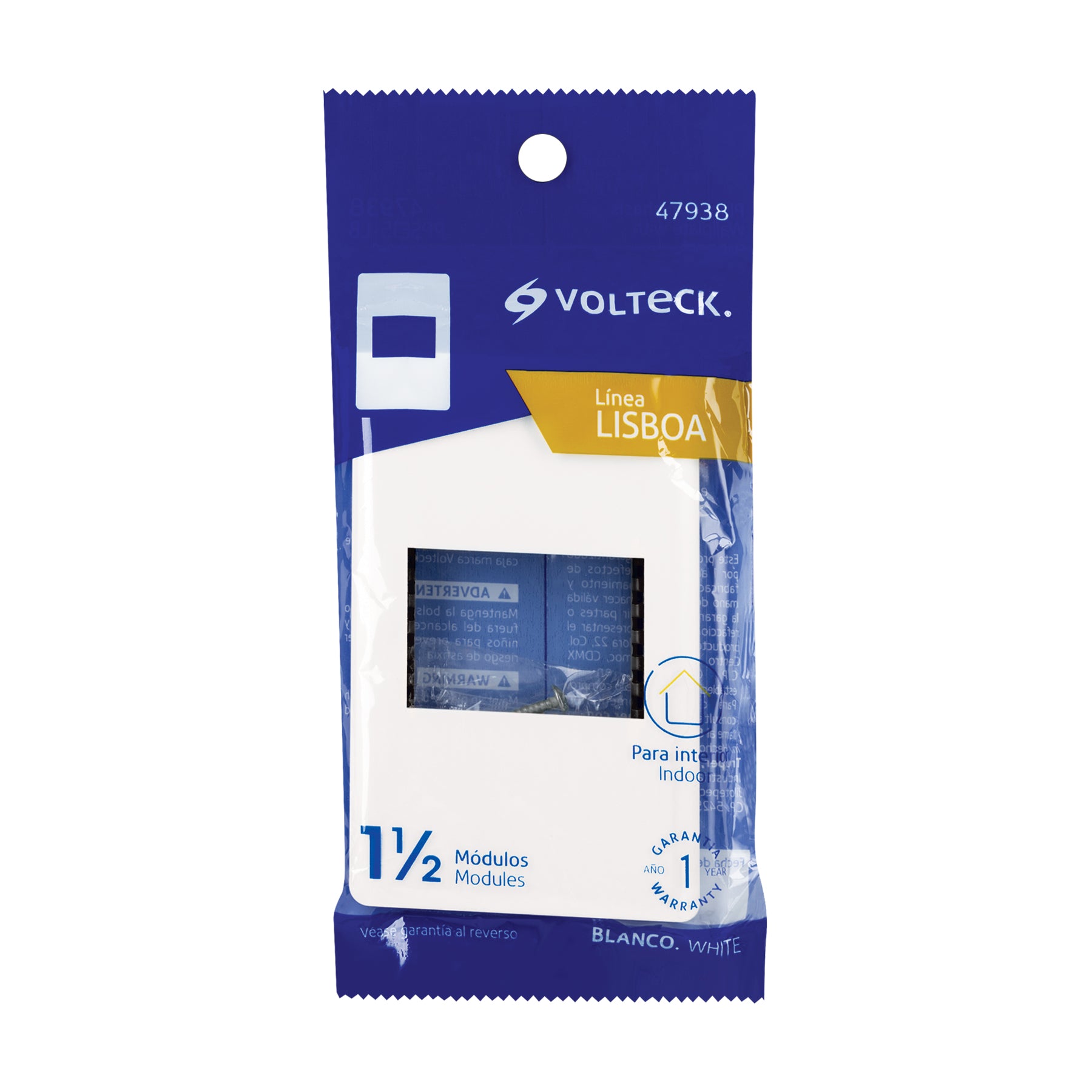 Placa blanca de 1 ventana 1.5 módulos, línea Lisboa, VOLTECK