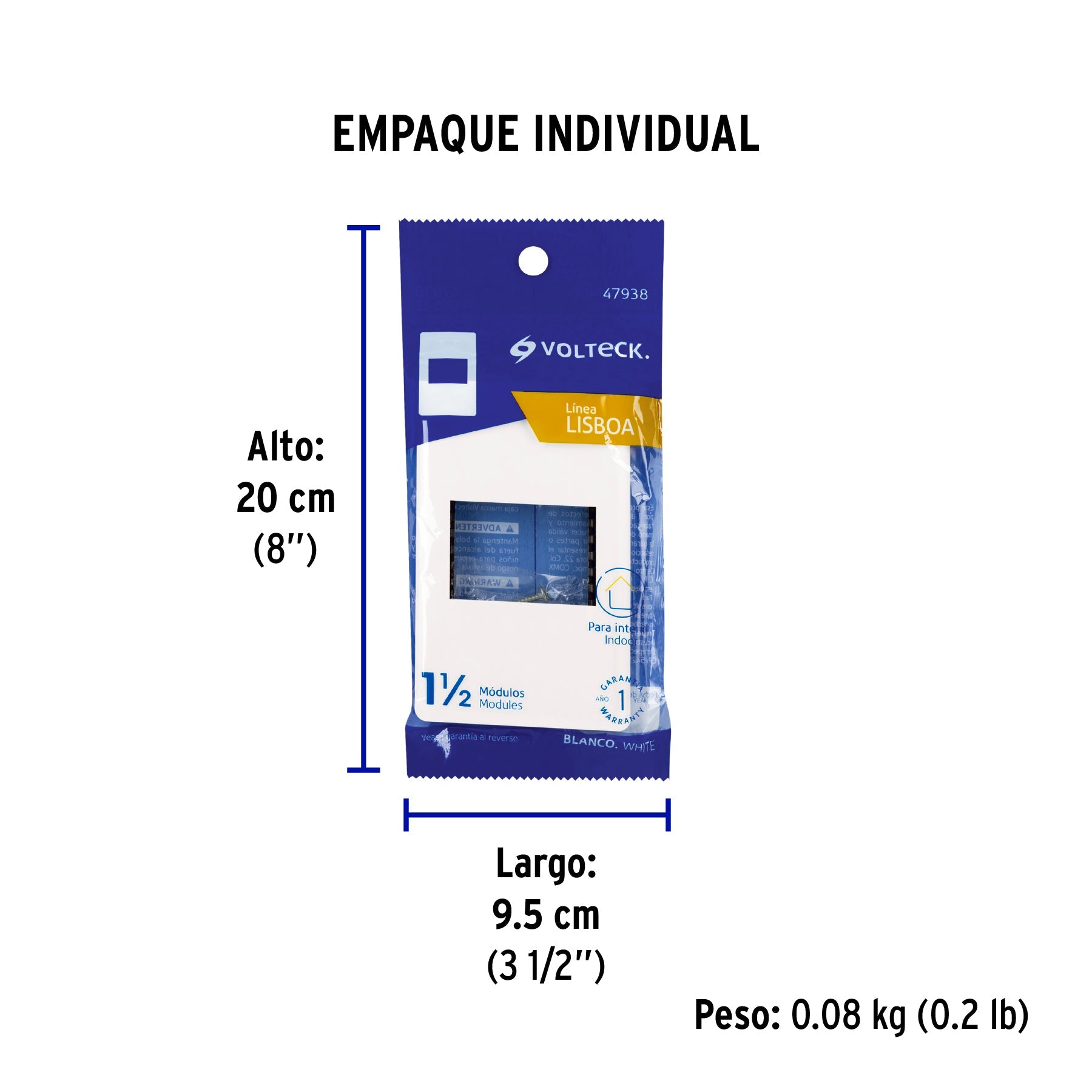 Placa blanca de 1 ventana 1.5 módulos, línea Lisboa, VOLTECK - Empaque