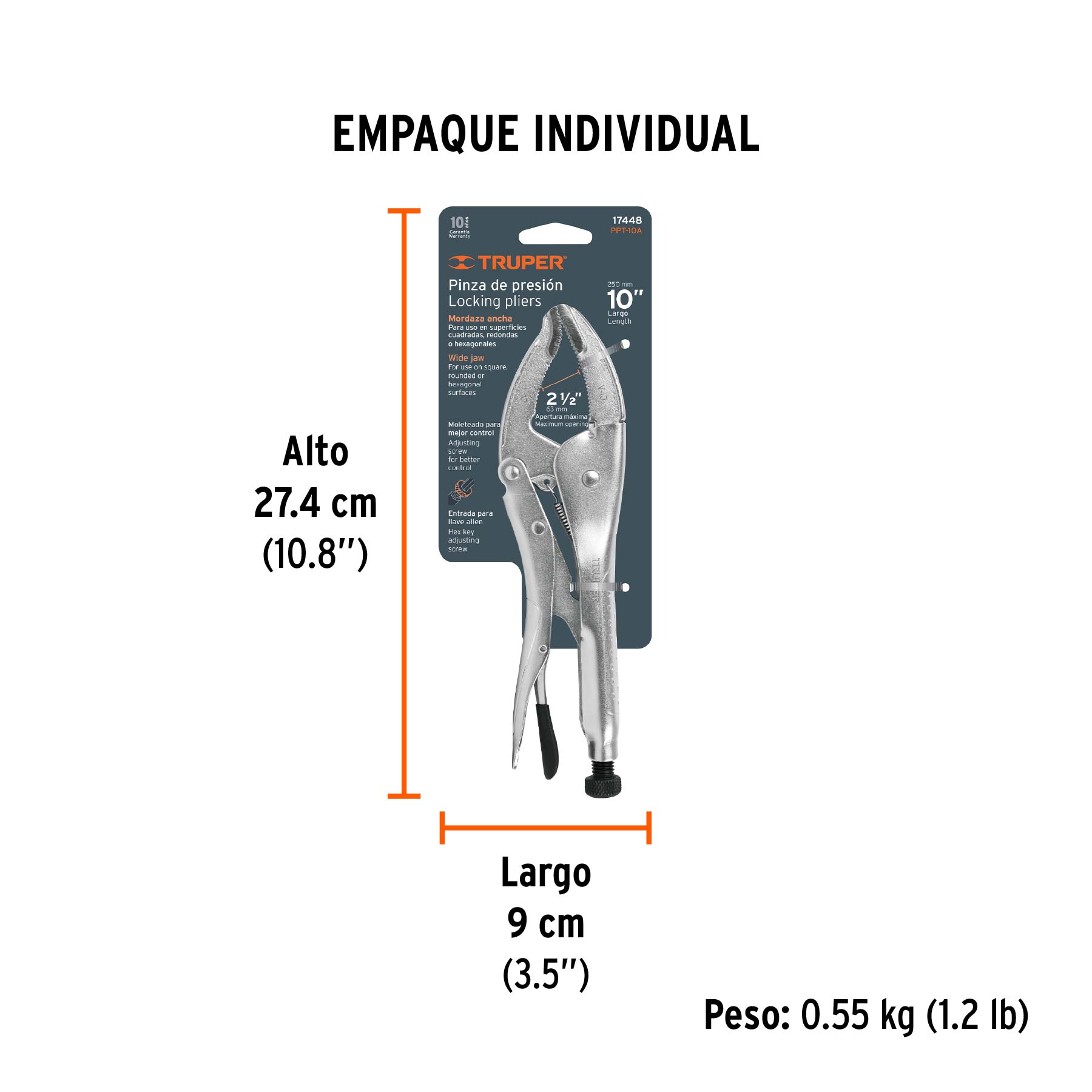 Pinza de presión 10" apertura amplia, TRUPER - Empaque