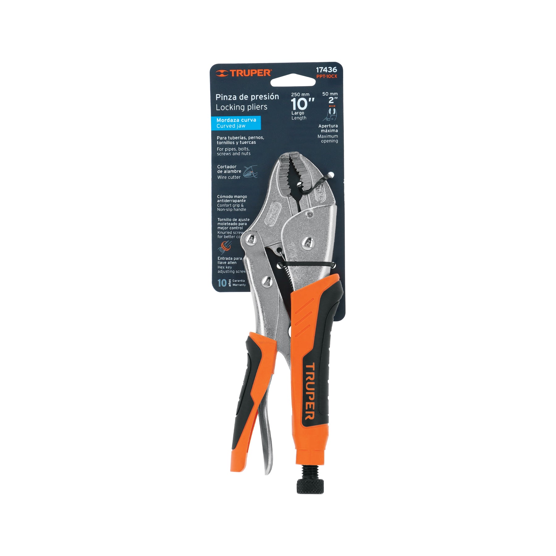 Pinza de presión 10" mordaza curva mango de vinil, TRUPER