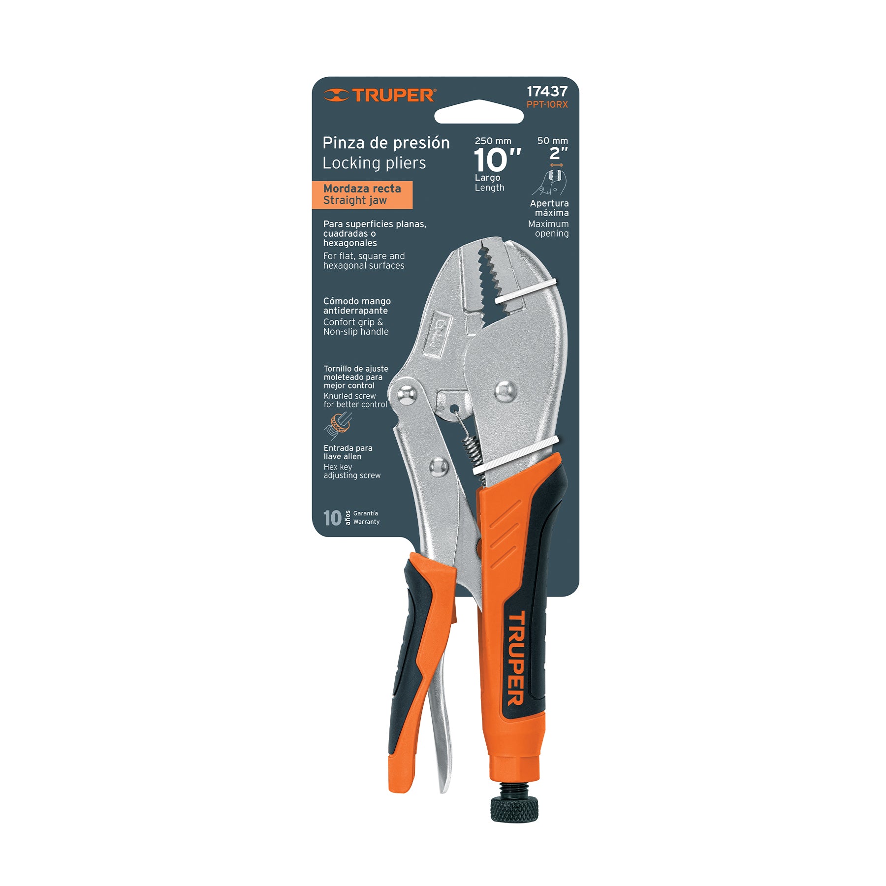 Pinza de presión 10" mordaza recta mango de vinil, TRUPER