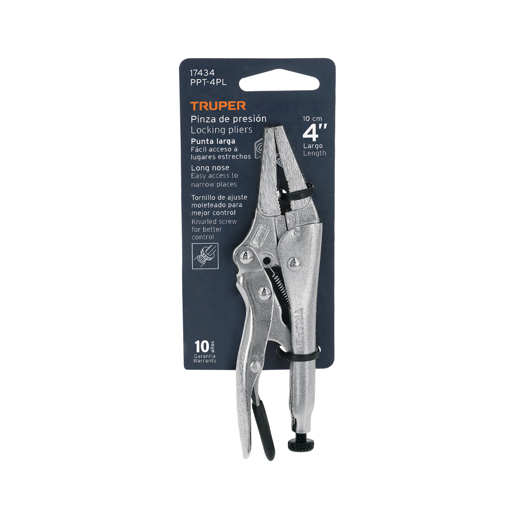 Pinza de presión 4", punta larga, TRUPER