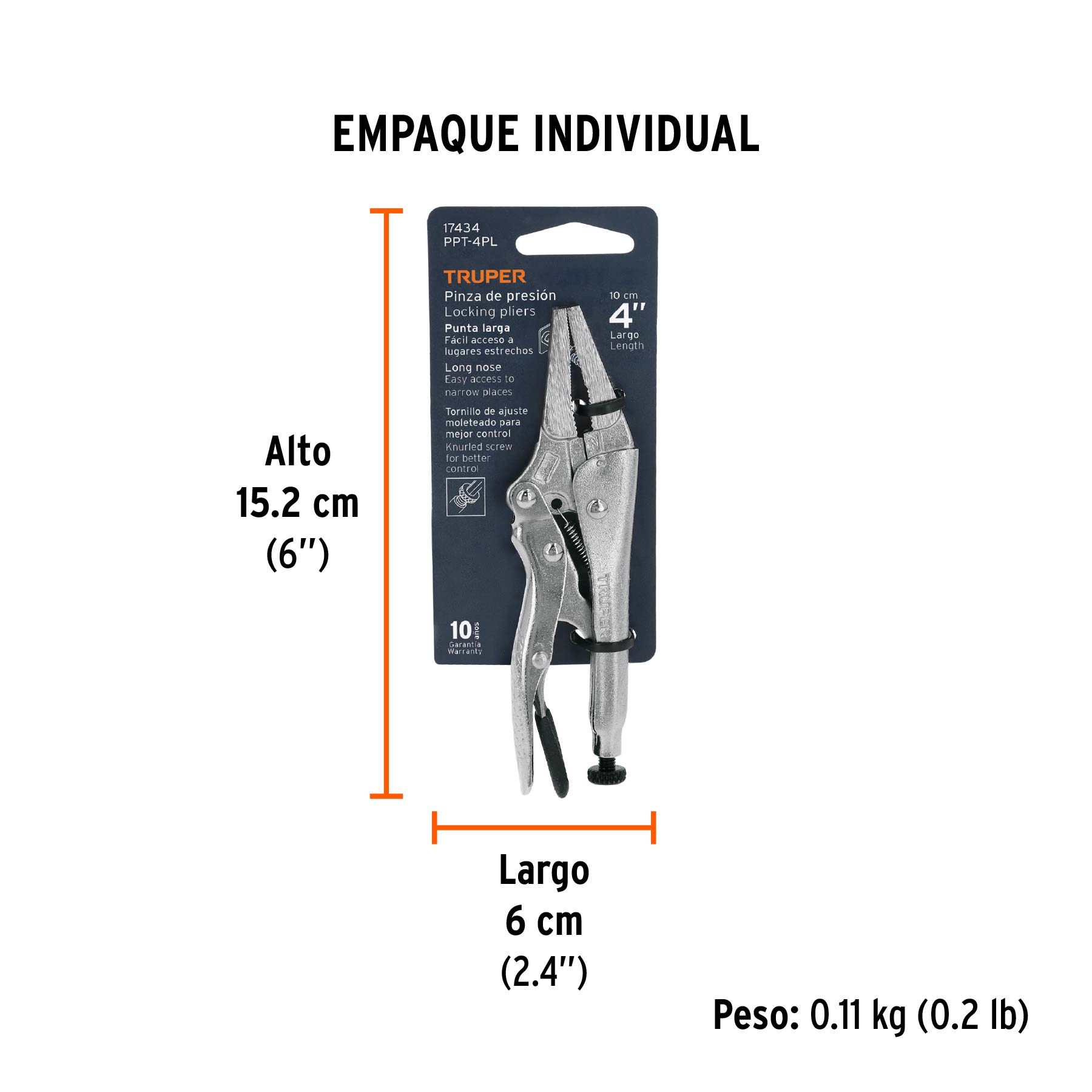 Pinza de presión 4", punta larga, TRUPER - Empaque