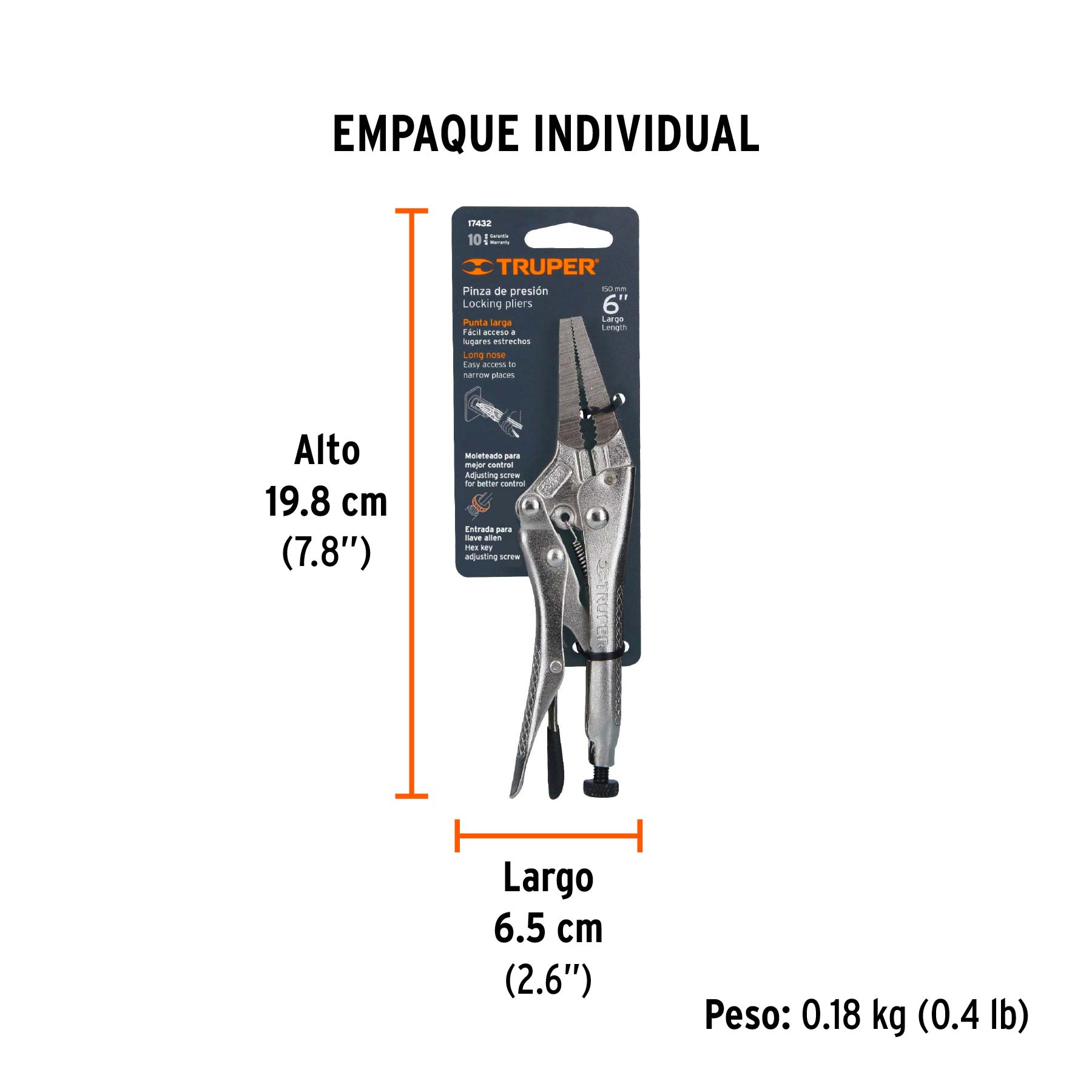 Pinza de presión 6", punta larga, TRUPER - Empaque
