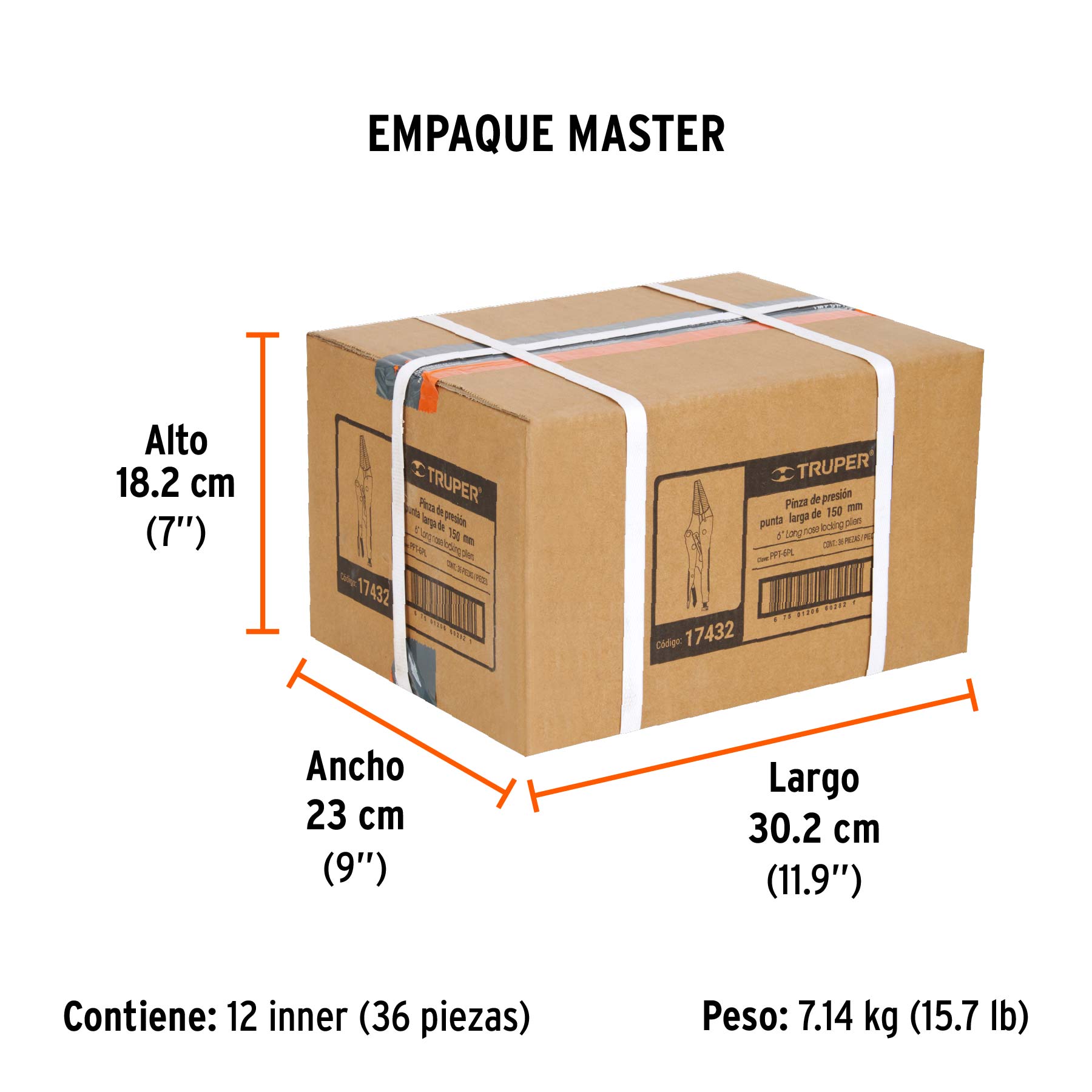 Pinza de presión 6", punta larga, TRUPER - Empaque