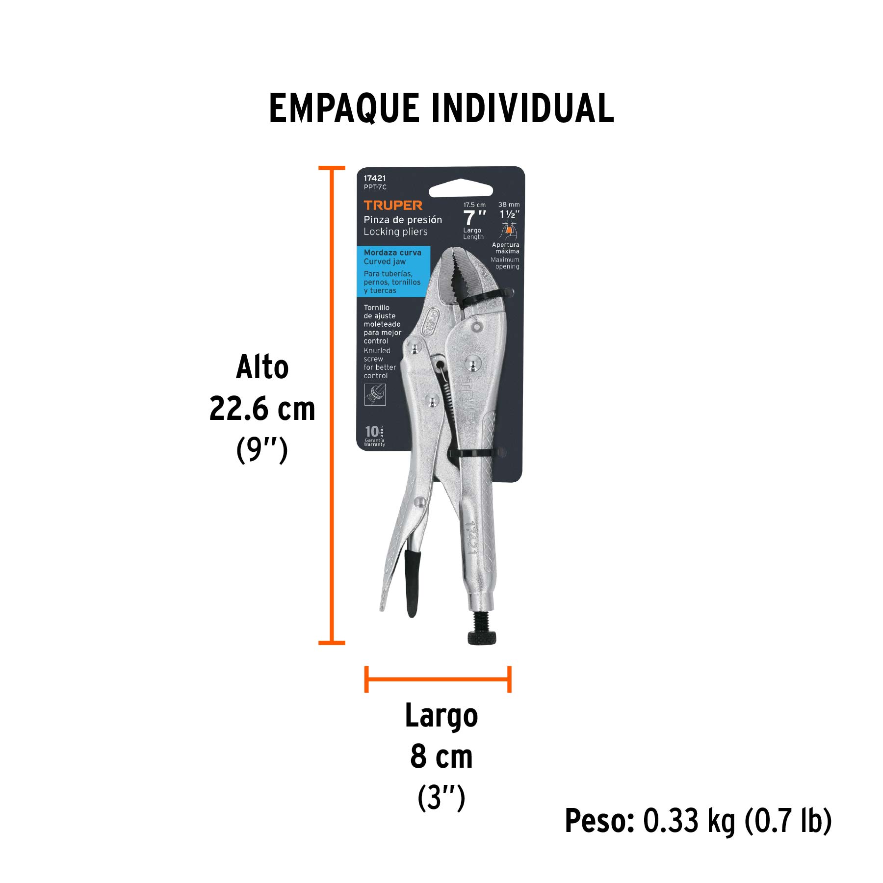 Pinza de presión 7" mordaza curva, TRUPER - Empaque