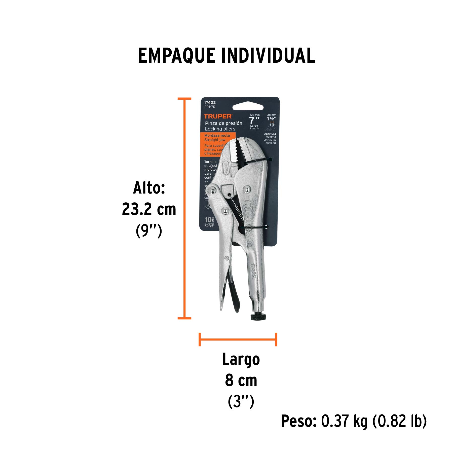 Pinza de presión 7" mordaza recta, TRUPER - Empaque