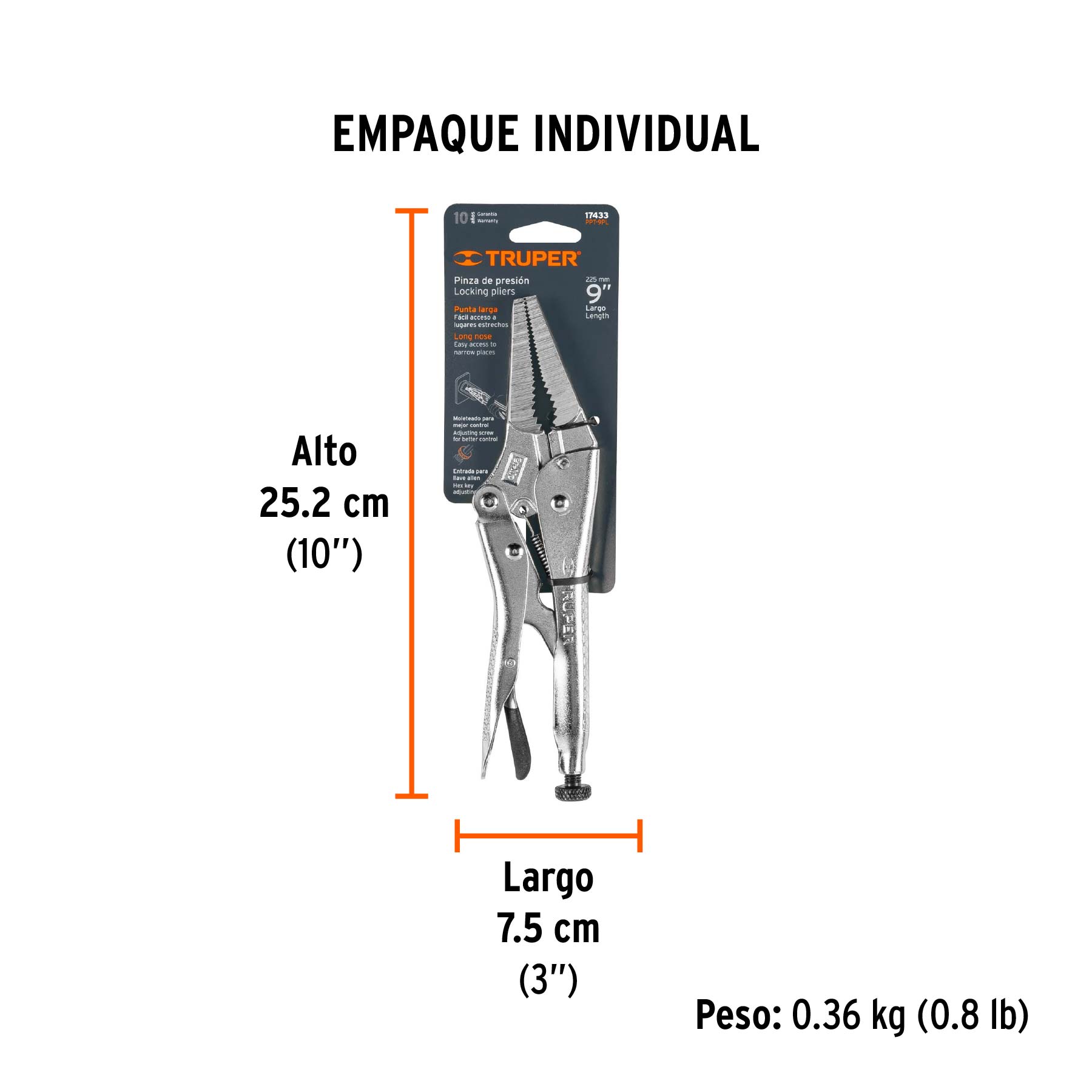 Pinza de presión 9", punta larga, TRUPER - Empaque