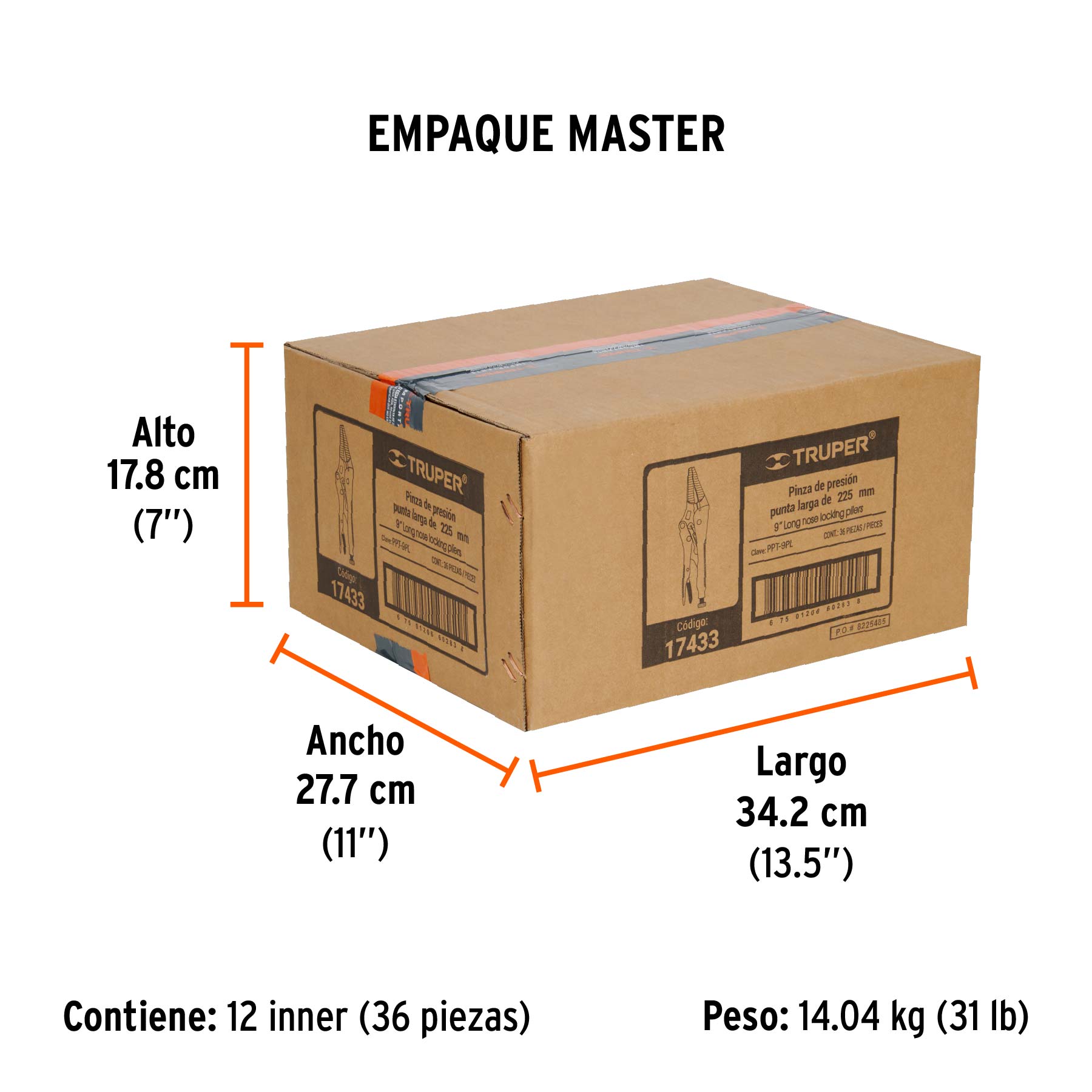 Pinza de presión 9", punta larga, TRUPER - Empaque