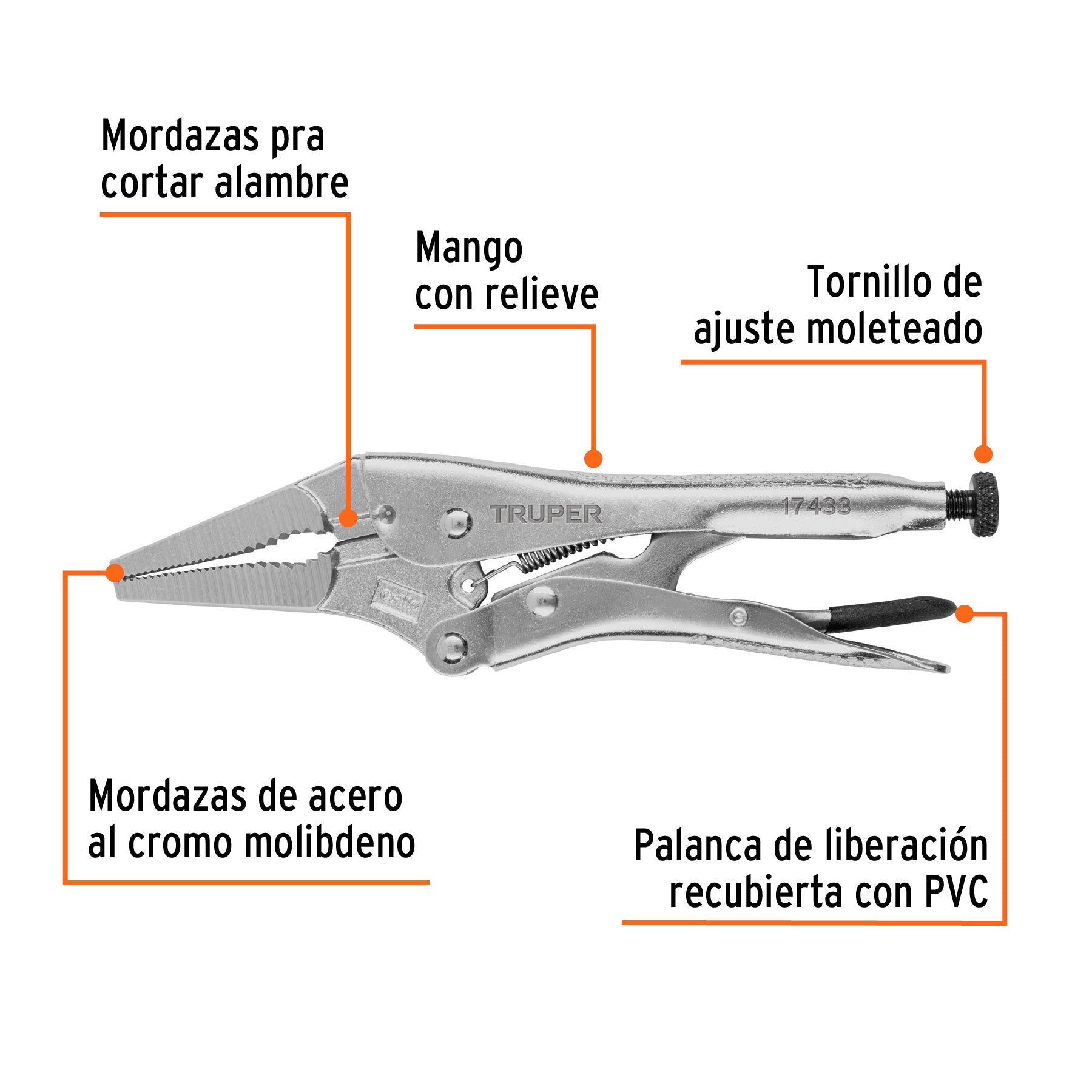 Pinza de presión 9", punta larga, TRUPER