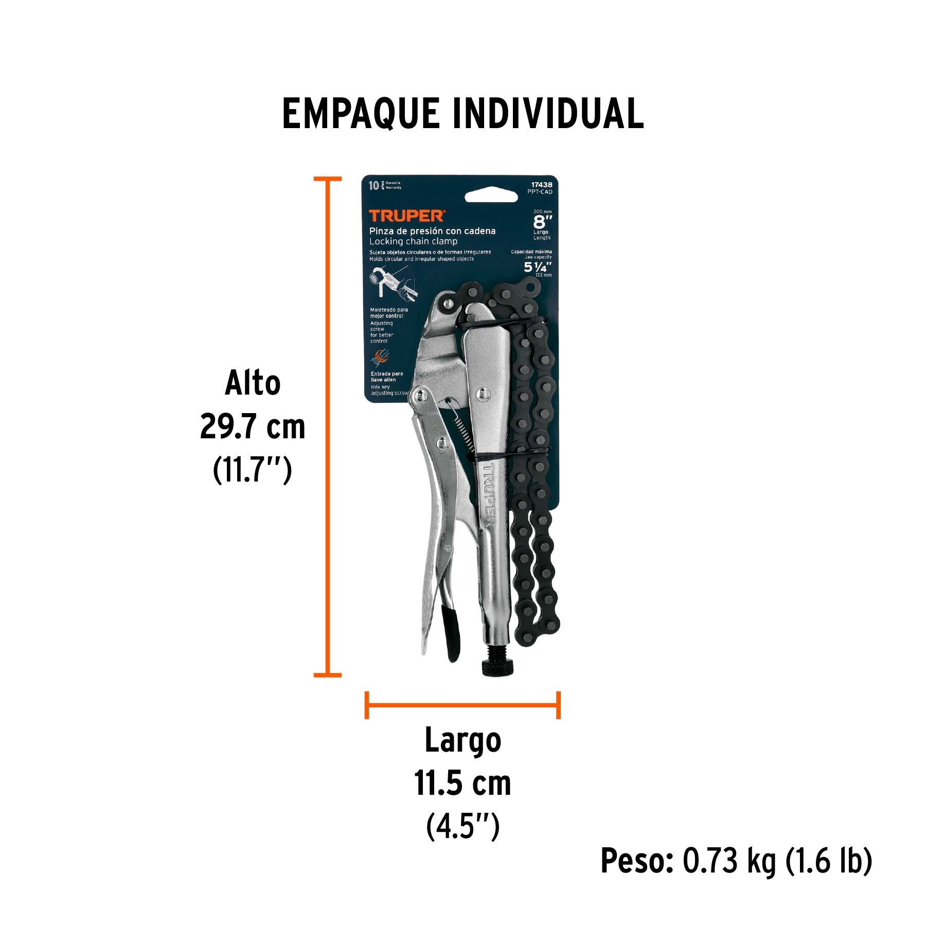 Pinza de presión 8" de cadena, TRUPER - Empaque