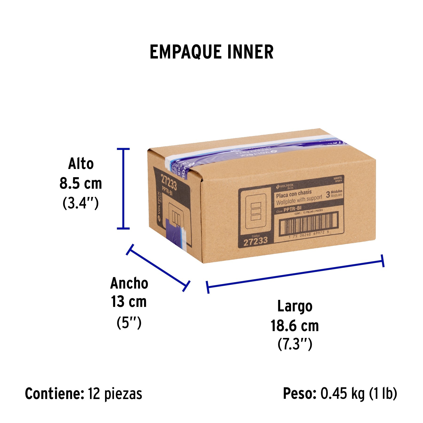Placa 3 módulos, marfil, línea VOLTECK BASIC - Empaque