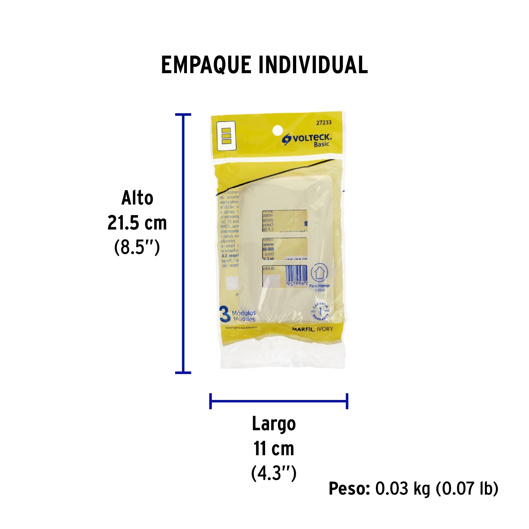 Placa 3 módulos, marfil, línea VOLTECK BASIC - Empaque