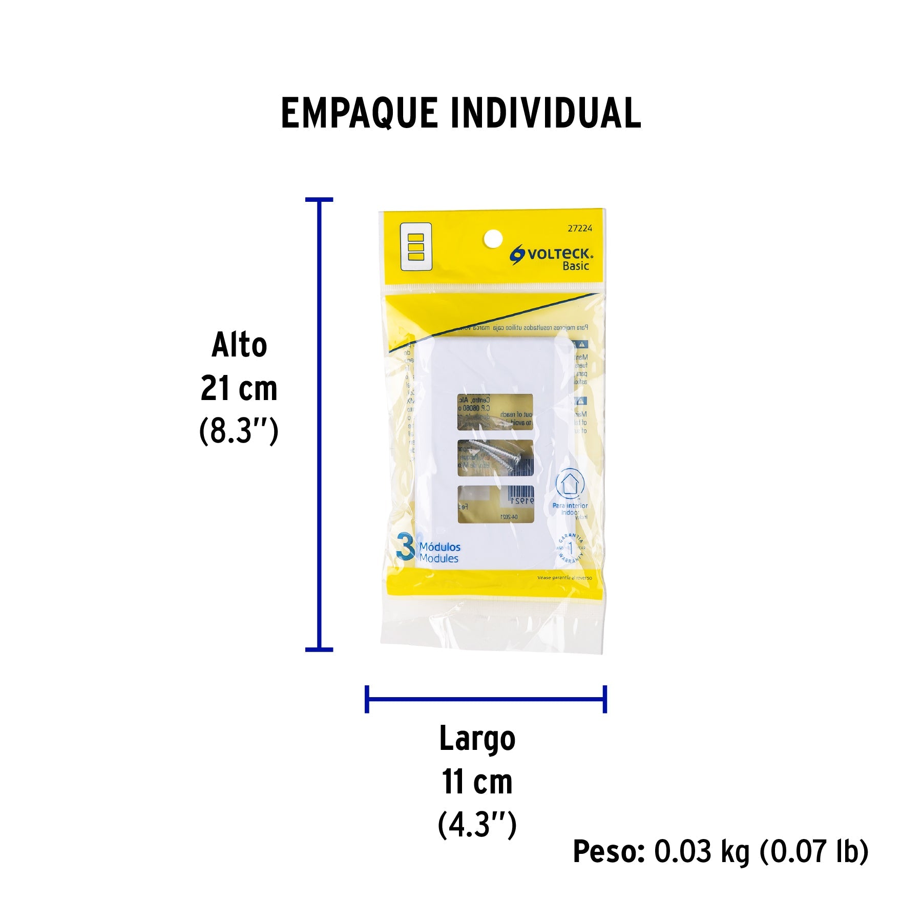 Placa 3 módulos de ABS, blanca, VOLTECK BASIC - Empaque